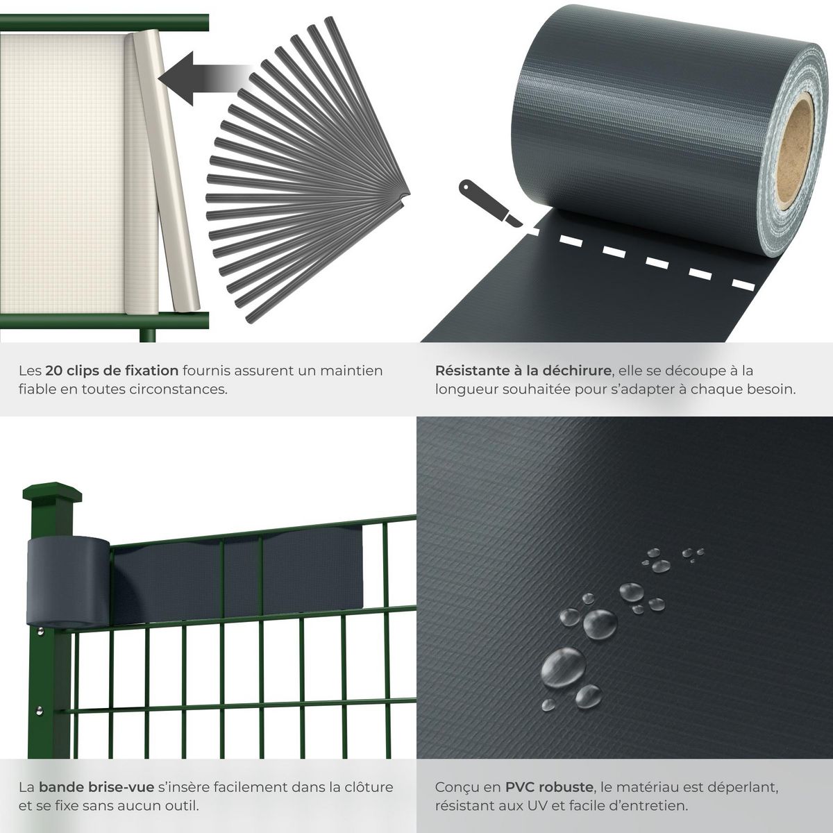 tectake Bandes brise-vue PVC pour clôtures à barreaux simples et doubles gris anthracite