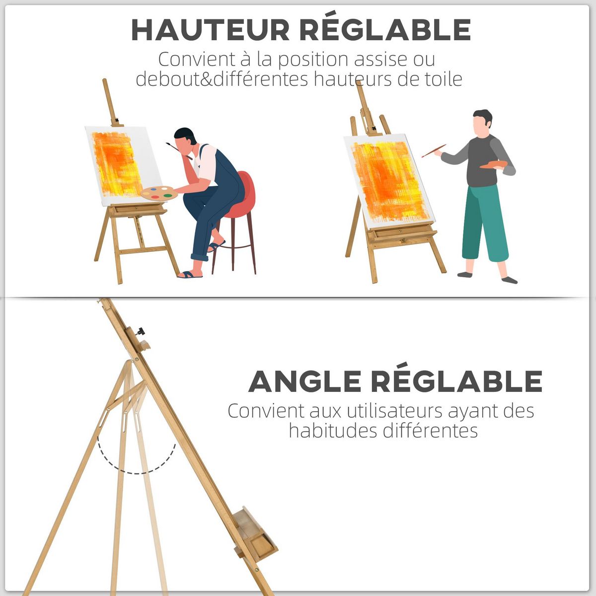 VINSETTO Chevalet d'artiste sur pied inclinaison et hauteur réglable dim. 65L x 110l x 180-235H cm bois de hêtre clair