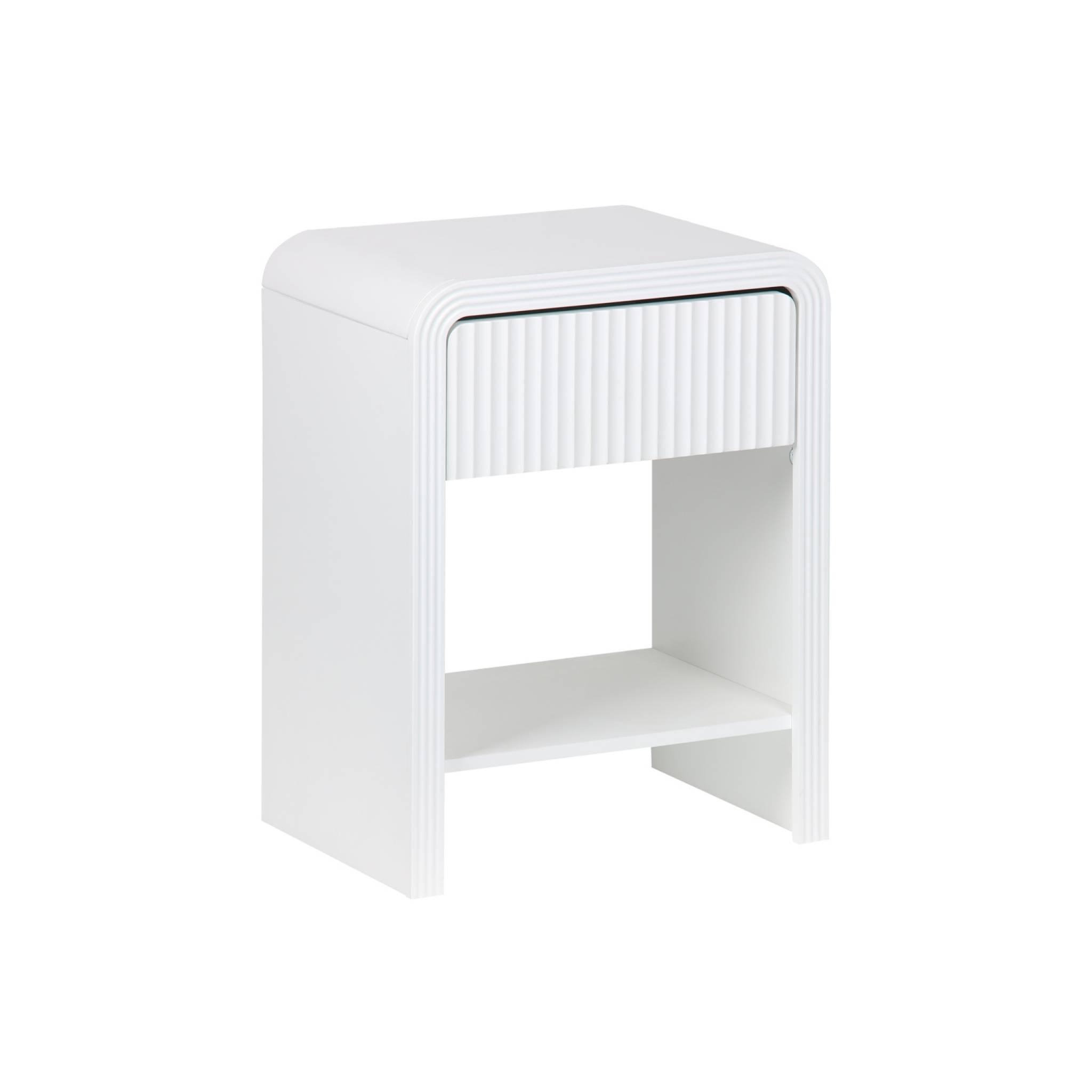 Voir la diapositive 1 : SWEEEK Table de chevet effet bois blanc rainuré 1 tiroir. 1 étagère