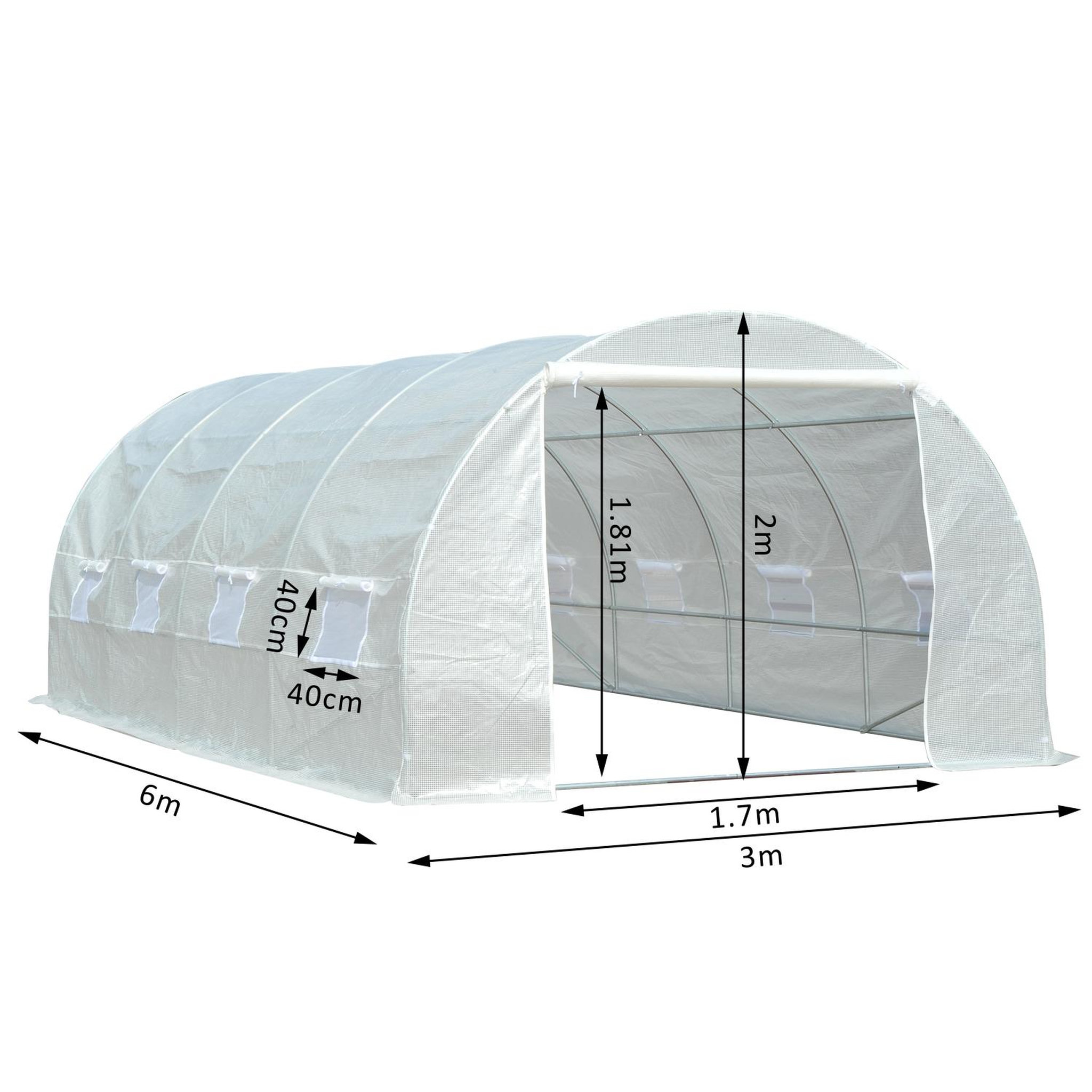 Voir la diapositive 3 : OUTSUNNY Serre de jardin tunnel surface sol 18 m² 6l x 3l x 2h m châssis tubulaire renforcé 24 mm 8 fenêtres blanc