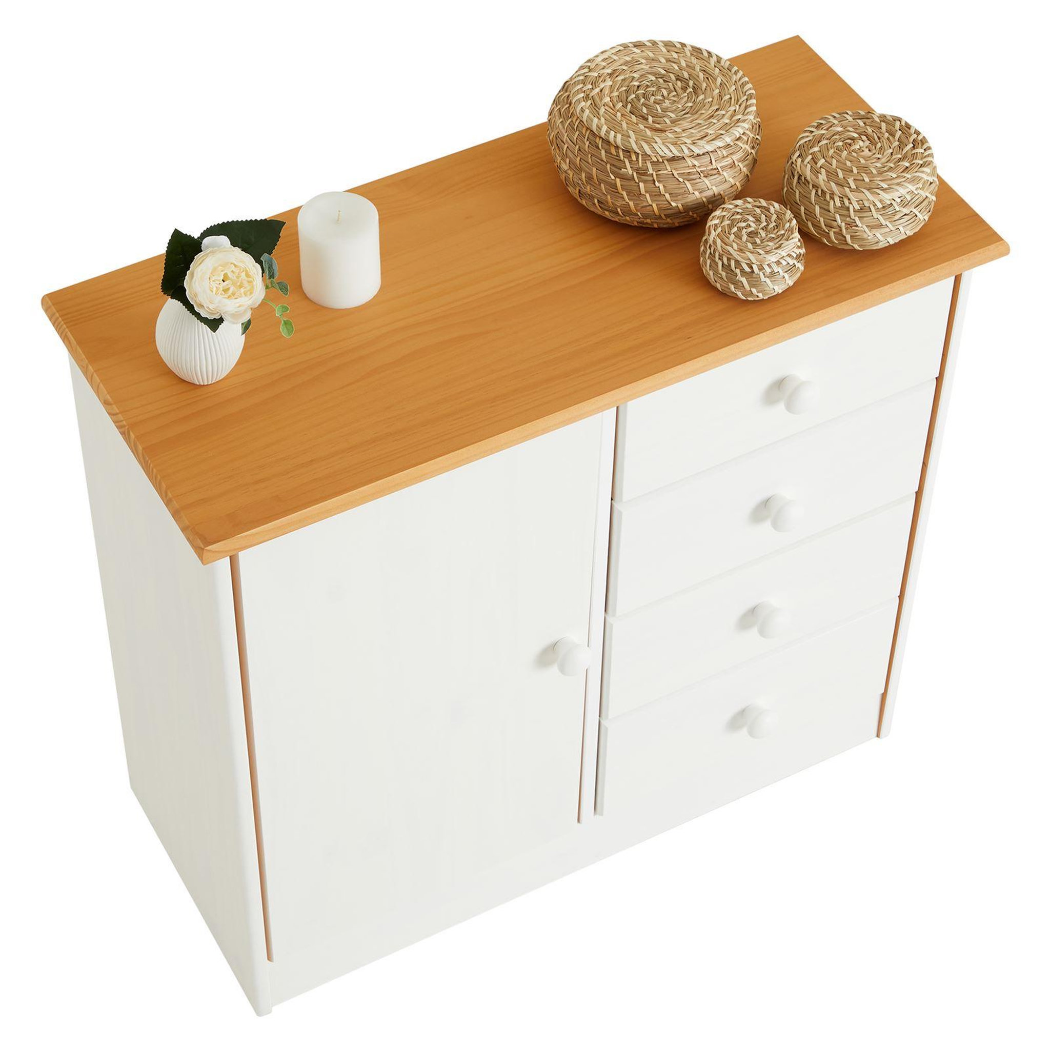 Voir la diapositive 5 : IDIMEX Commode rondo en pin massif, 4 tiroirs et 1 porte