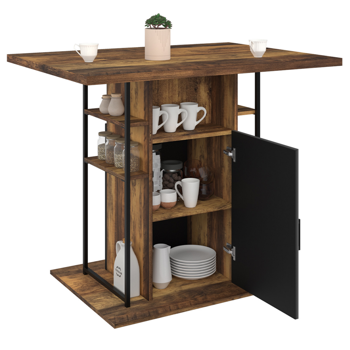 ID MARKET Ilot central UGO 110 cm bois noir et effet bois foncé HAWKINS avec rangements design industriel