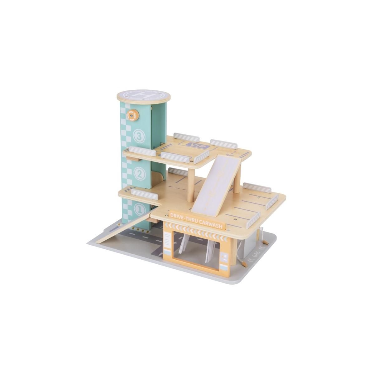 ELINELI Garage en bois avec panneaux de signalisation et lave-auto