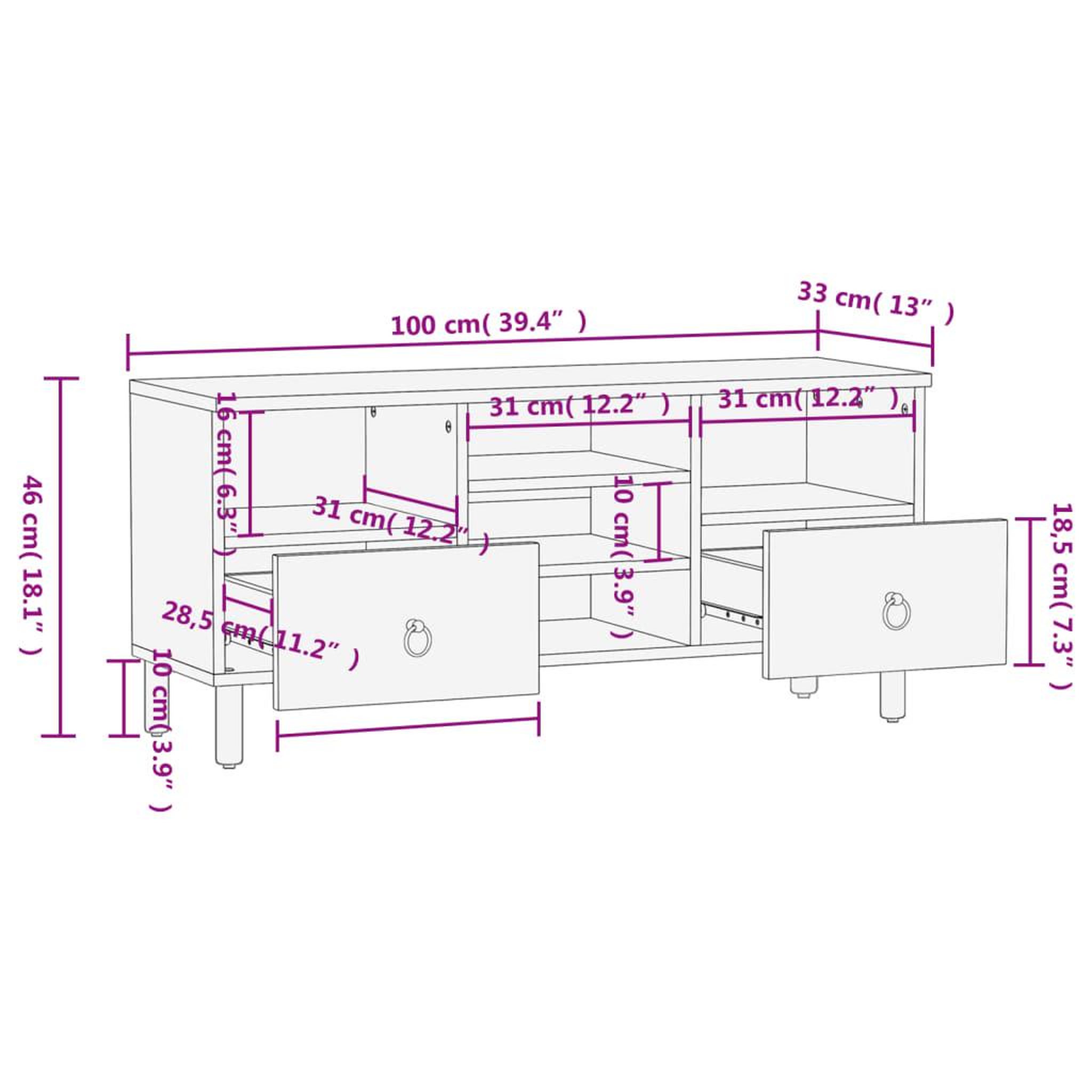 Voir la diapositive 6 : VIDAXL Meuble TV 100x33x46 cm bois massif de manguier