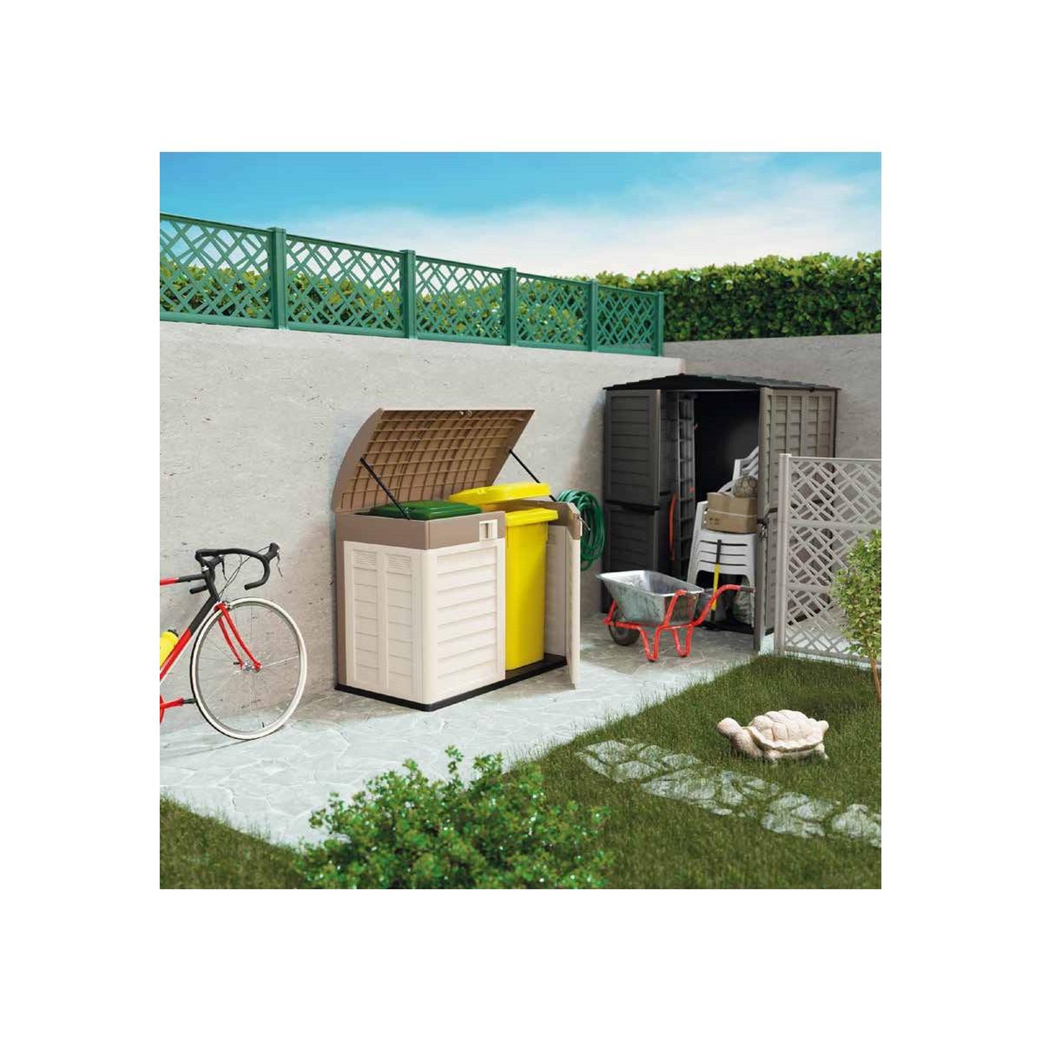 Voir la diapositive 3 : INTEC Coffre Rangement Poubelle 1500L - Cache Poubelle de Tri Polypropylène Ecru Taupe - Coffre de jardin Verrouillable par Cadenas