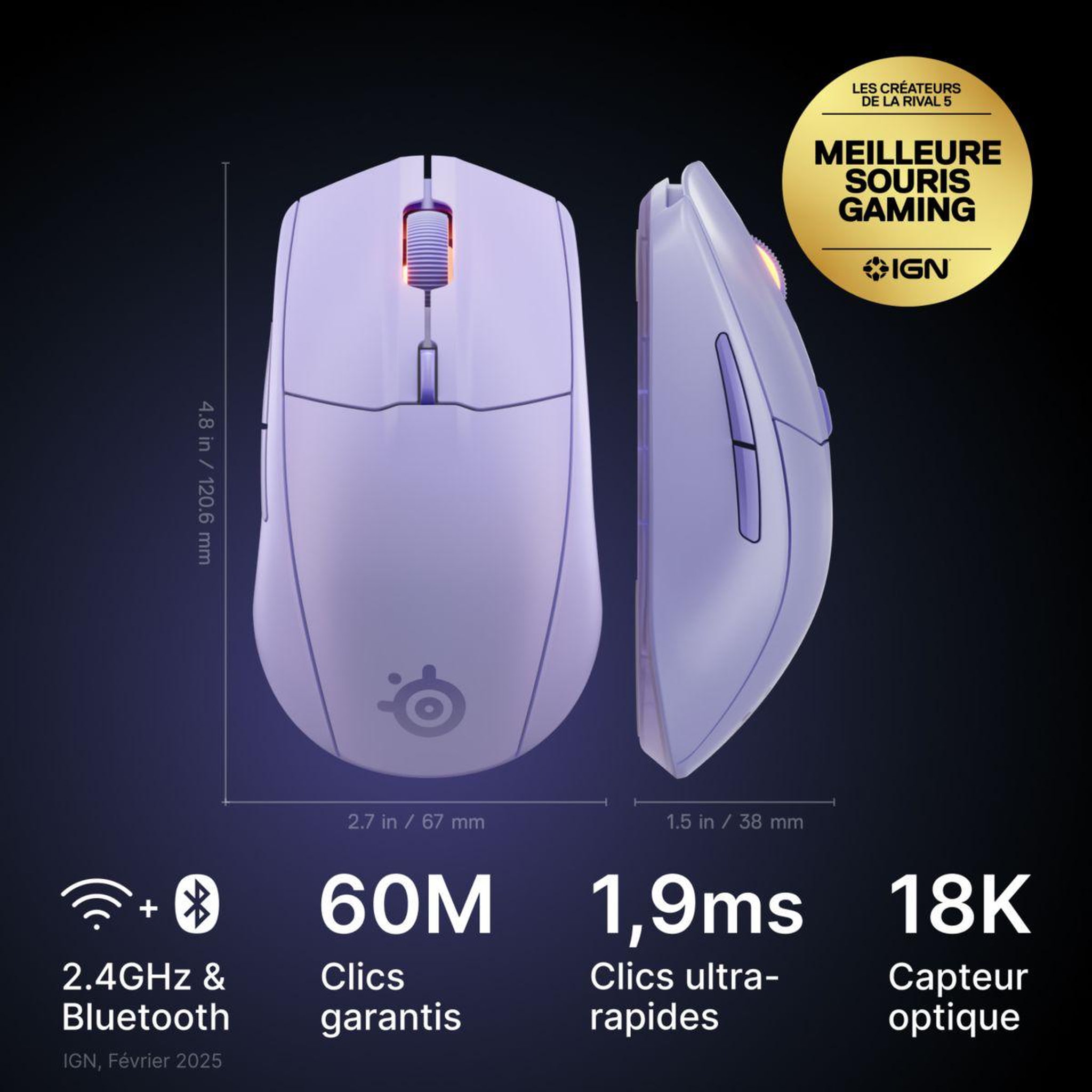 Voir la diapositive 3 : STEEL SERIES Souris gamer sans fil rival 3 wl gen 2 lavande