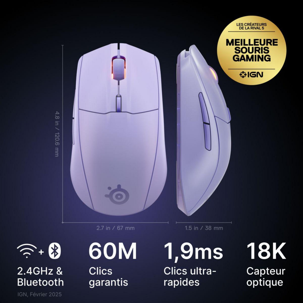 STEEL SERIES Souris Gamer Sans Fil Rival 3 WL Gen 2 Lavande
