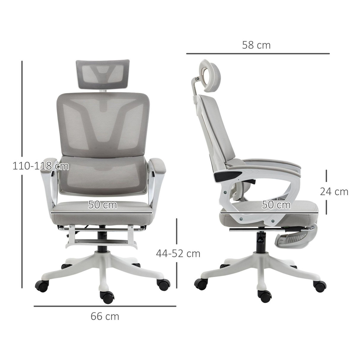 VINSETTO Fauteuil de bureau ergonomique inclinable réglable - repose-pied rétractable, support lombaires, tétière ajustable - blanc gris
