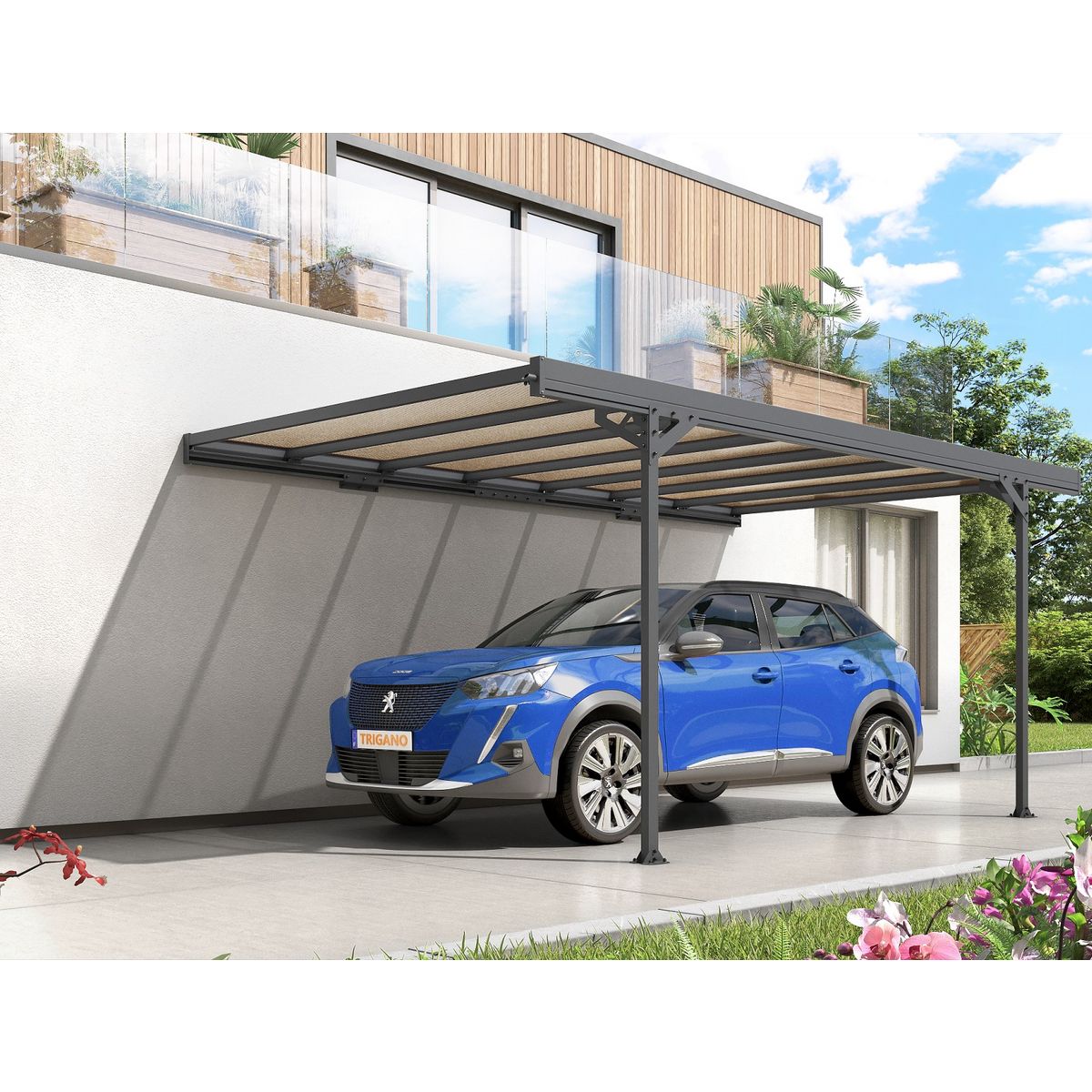 trigano Carport métal adossé  MISTRAL 15.45 m² aluminium et polycarbonate