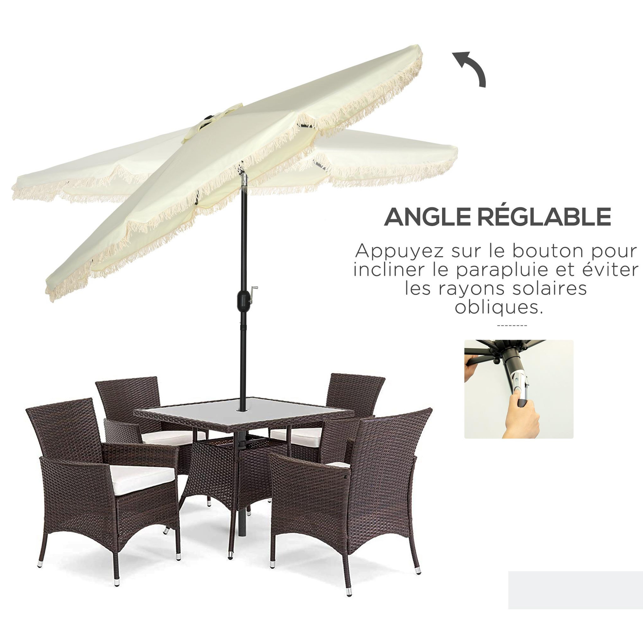 Voir la diapositive 4 : OUTSUNNY Parasol octogonal inclinable Ø 2,68 x 2,32H m mât acier noir polyester haute densité 180 g/m² crème