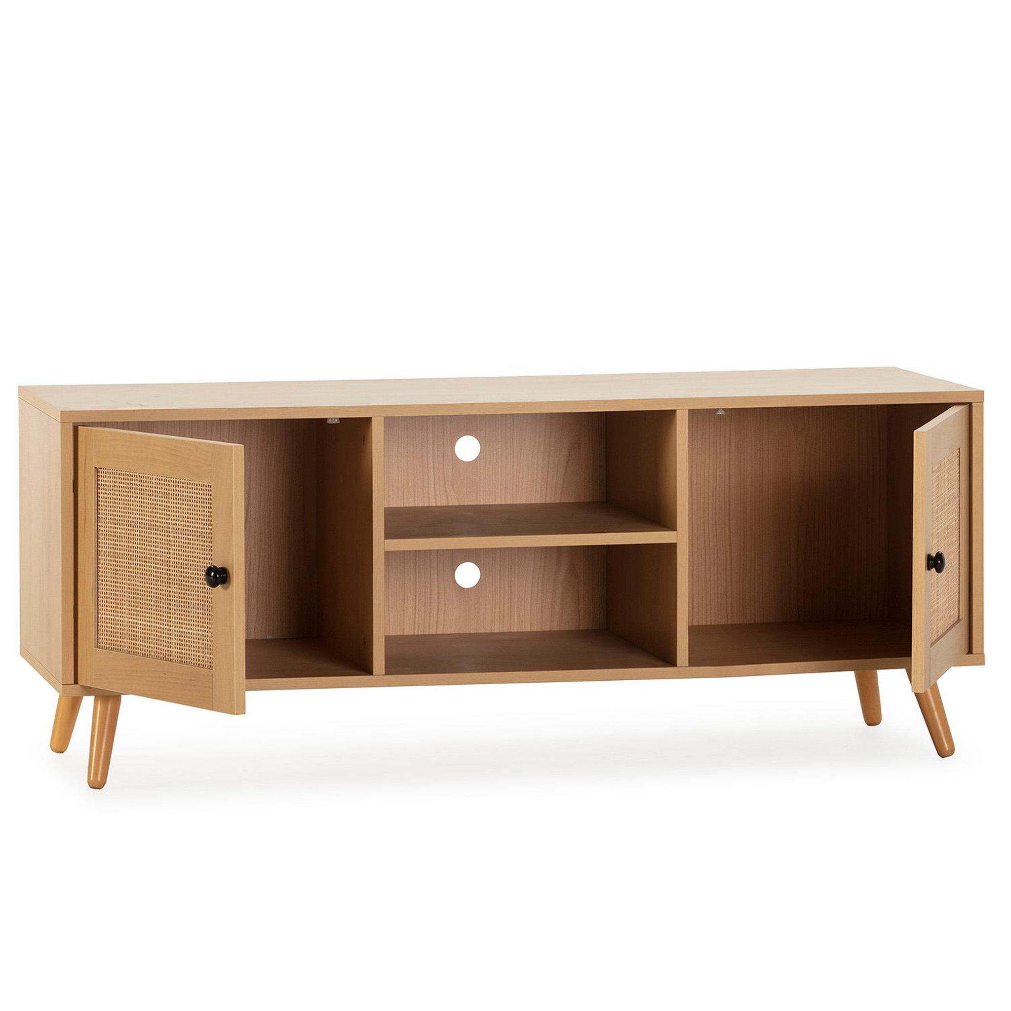 Voir la diapositive 2 : VS VENTA-STOCK Meuble TV Bella 2 Portes Couleur Chêne avec Rotin Naturel