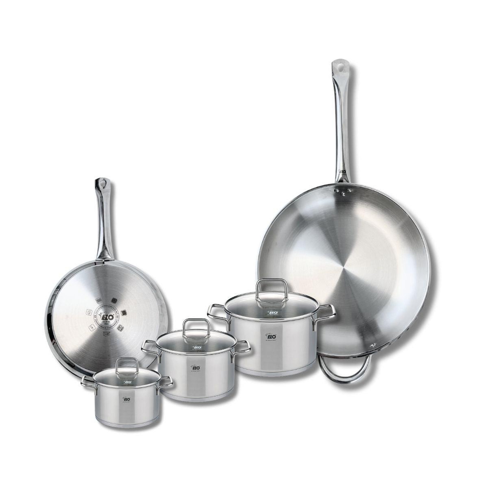ELO Ensemble de 2 poêles de cuisson 24 et 32 cm et 3 faitouts 12, 14 et 16 cm elo profi citrin