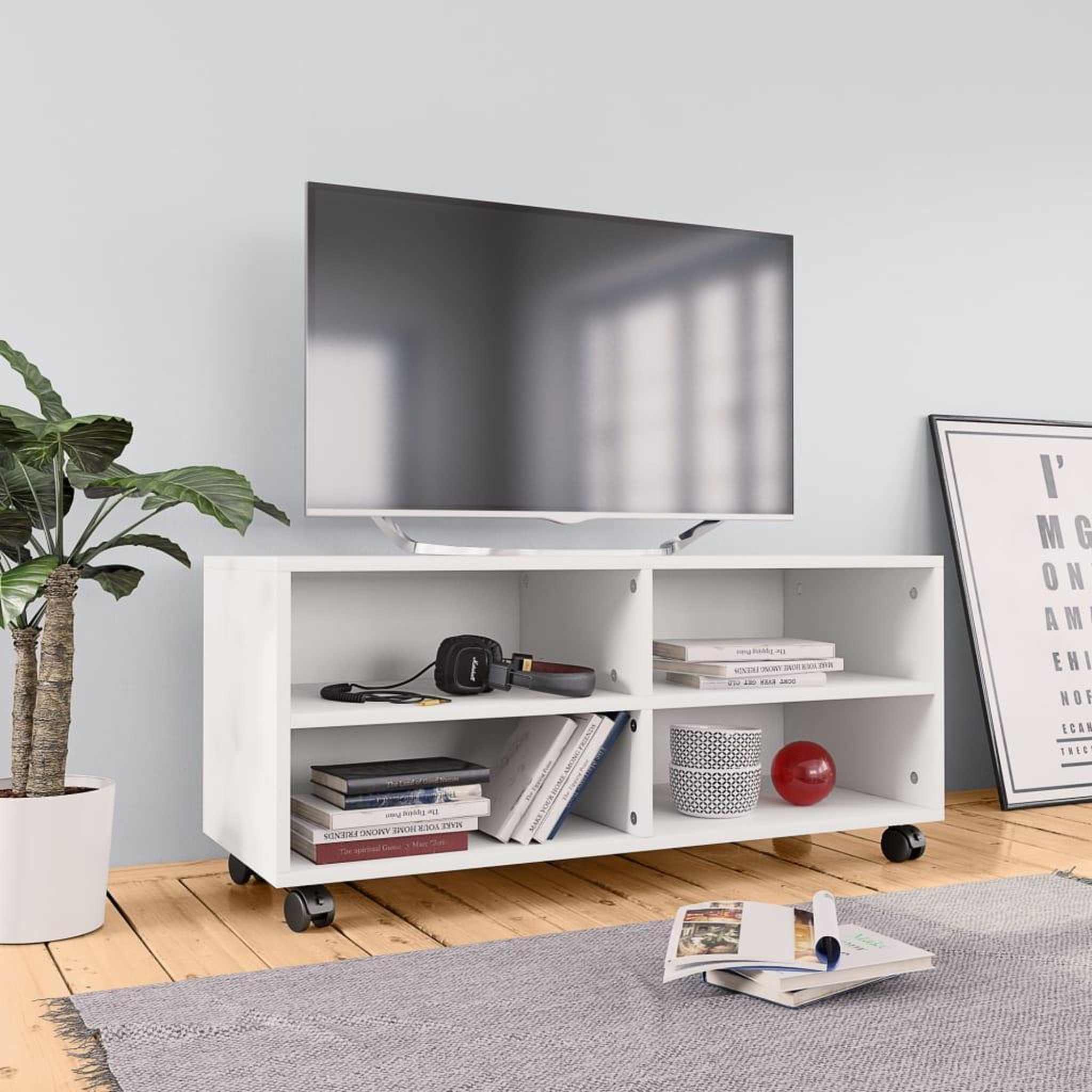 Voir la diapositive 1 : VIDAXL Meuble TV avec roulettes Blanc 90x35x35 cm Bois d'ingenierie