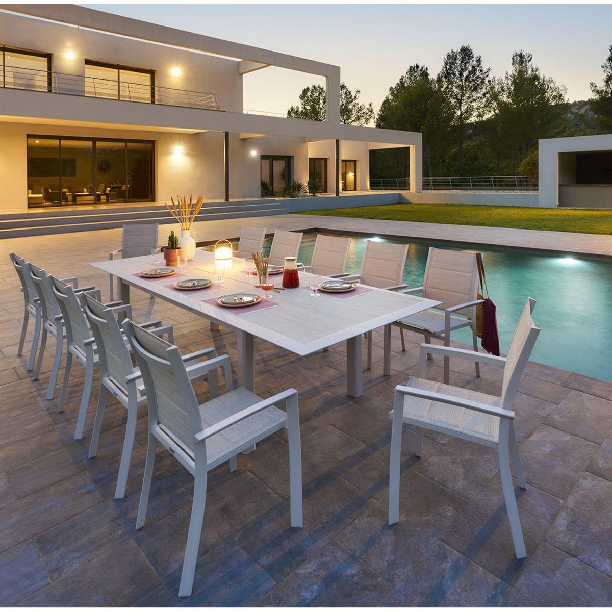HESPERIDE Table de jardin extensible en aluminium effet bois 12 places ALLURE - Grège et avoine