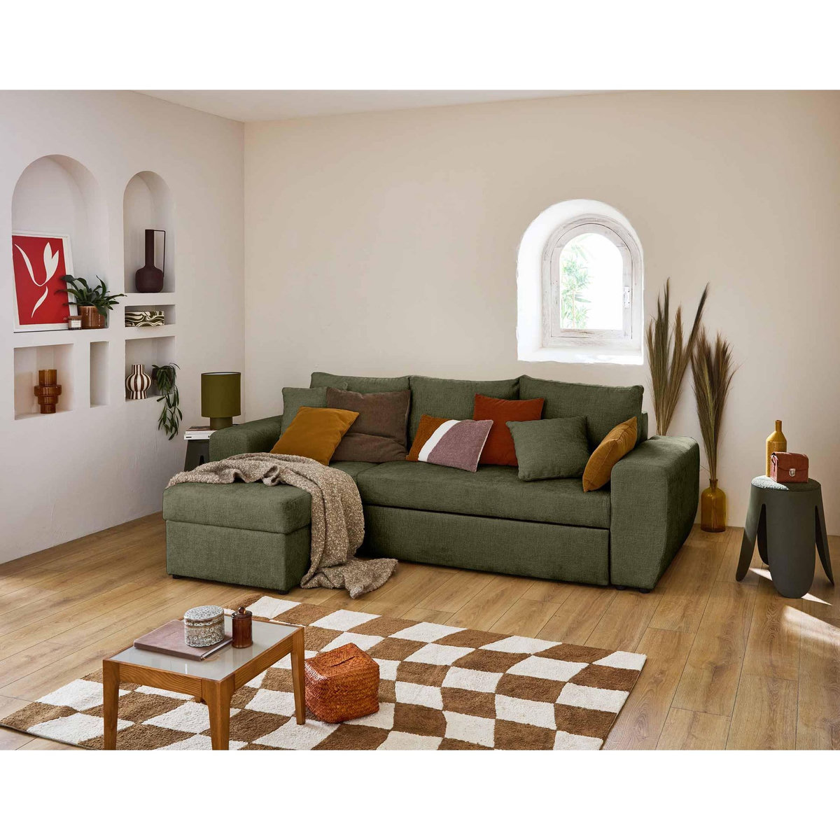 BEST MOBILIER Milan - canapé d'angle réversible 4 places - convertible avec coffre - en velours texturé