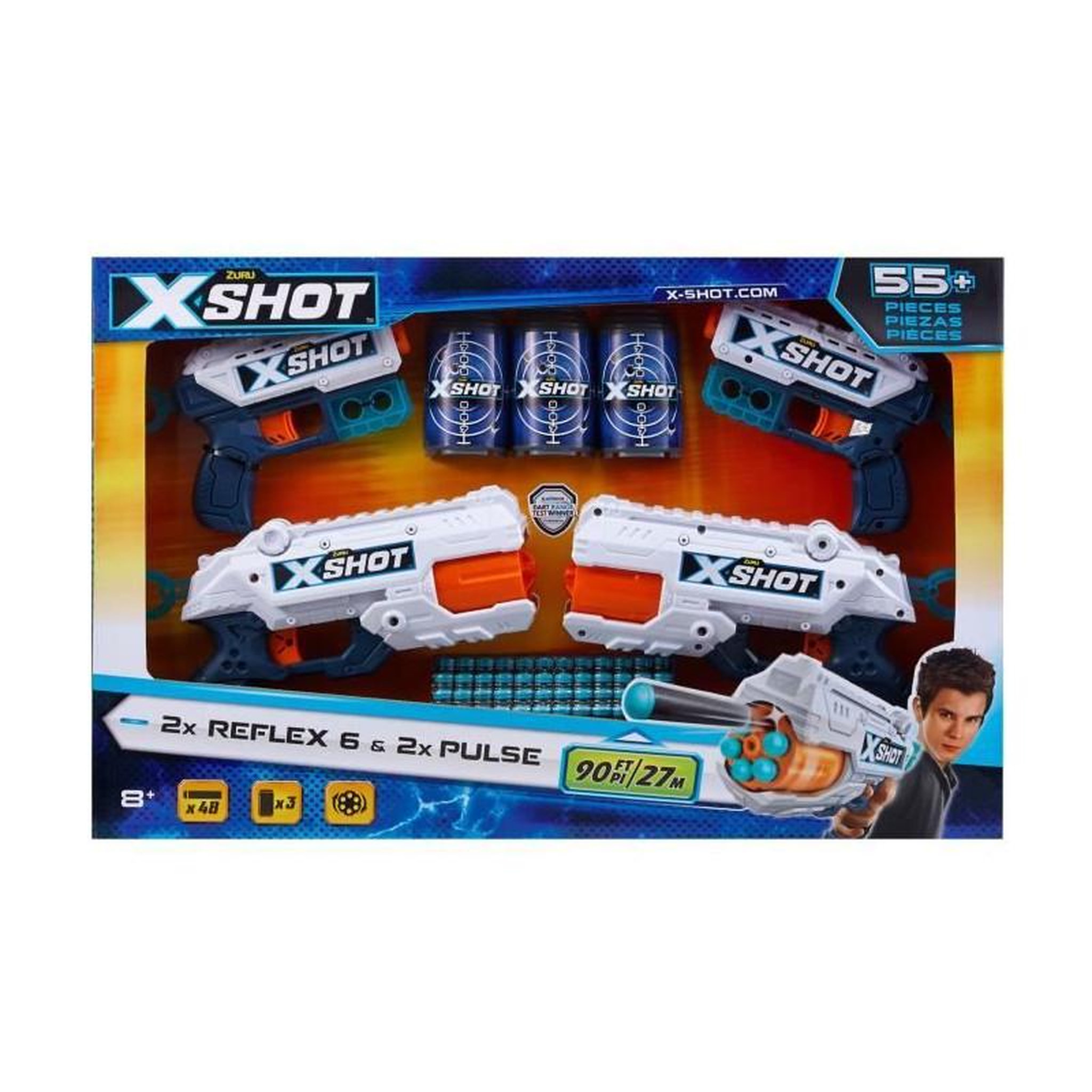 Voir la diapositive 1 : ZURU Pack Blasters - ZURU - Combo Pack 2 Kickback + 2 Reflex 6 - Blasters puissants avec tir a 27 metres et canon rotatif