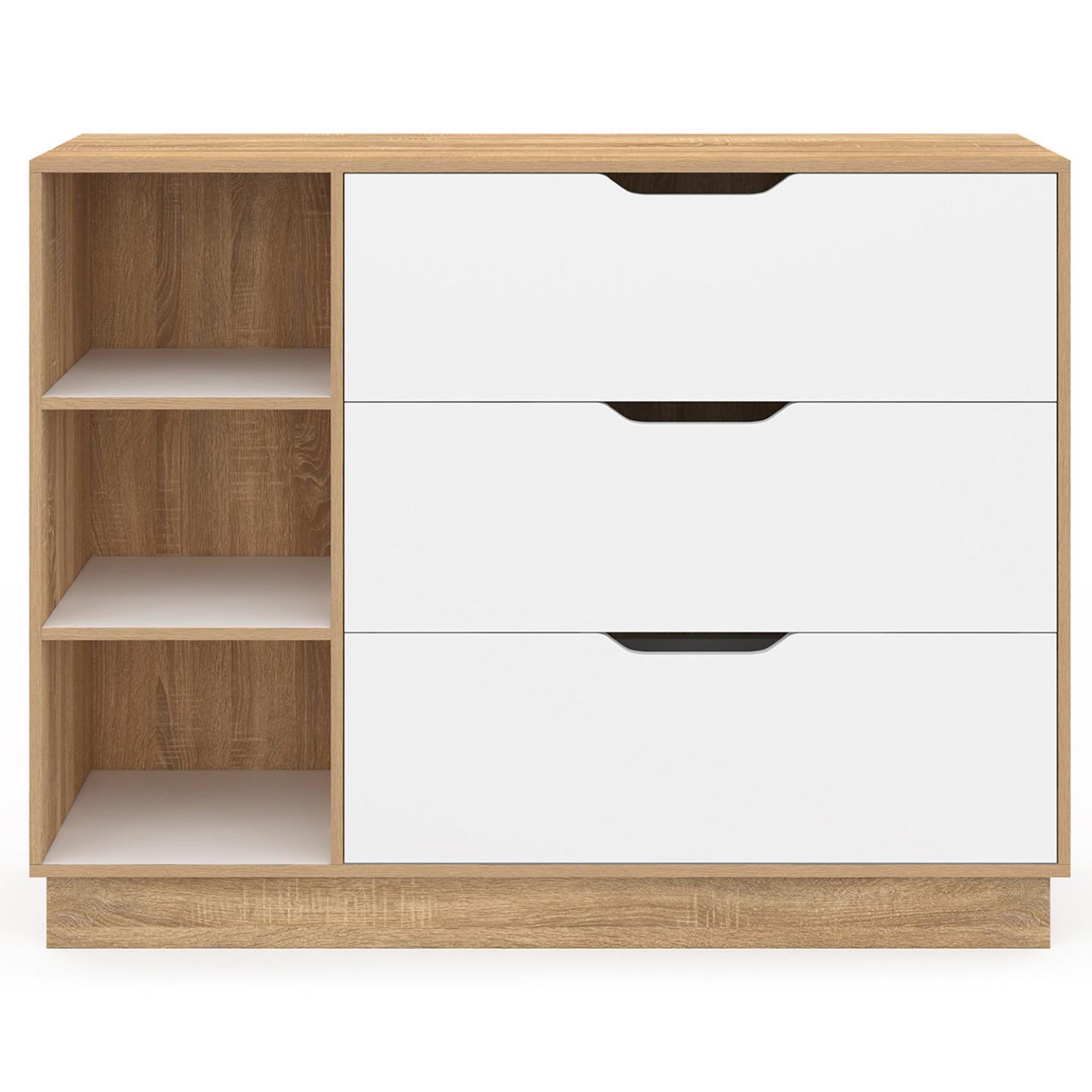 Voir la diapositive 3 : ID MARKET Commode 3 tiroirs et 3 niches oxana hêtre et blanc