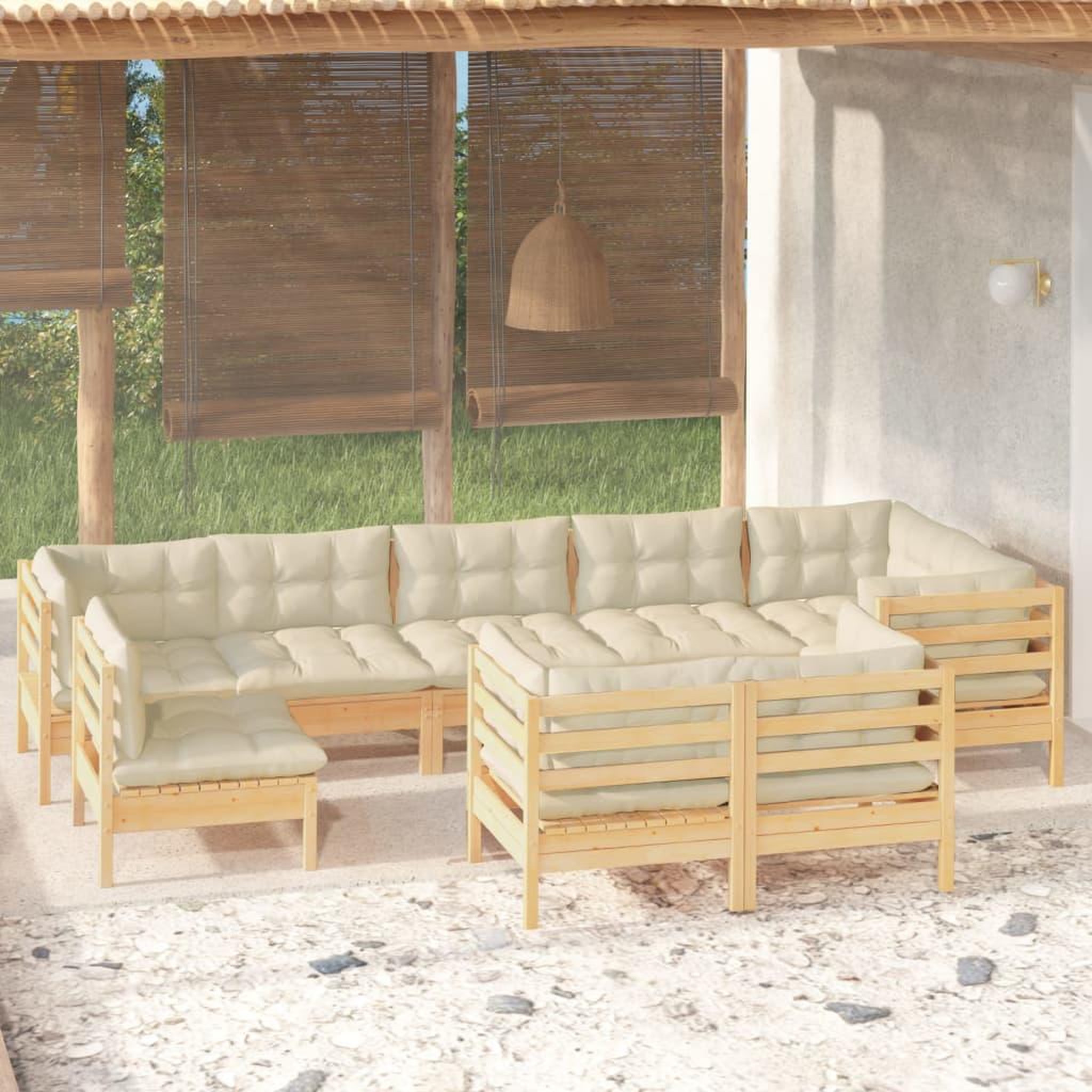 Voir la diapositive 1 : VIDAXL Salon de jardin 9 pcs avec coussins creme bois de pin massif