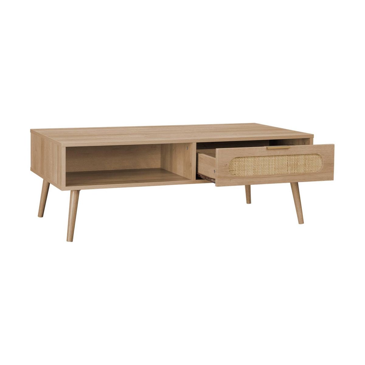 SWEEEK Table basse. Eva.  scandinave en cannage arrondi et en décor bois. 1 tiroir réversible L110 x l59 x H39cm