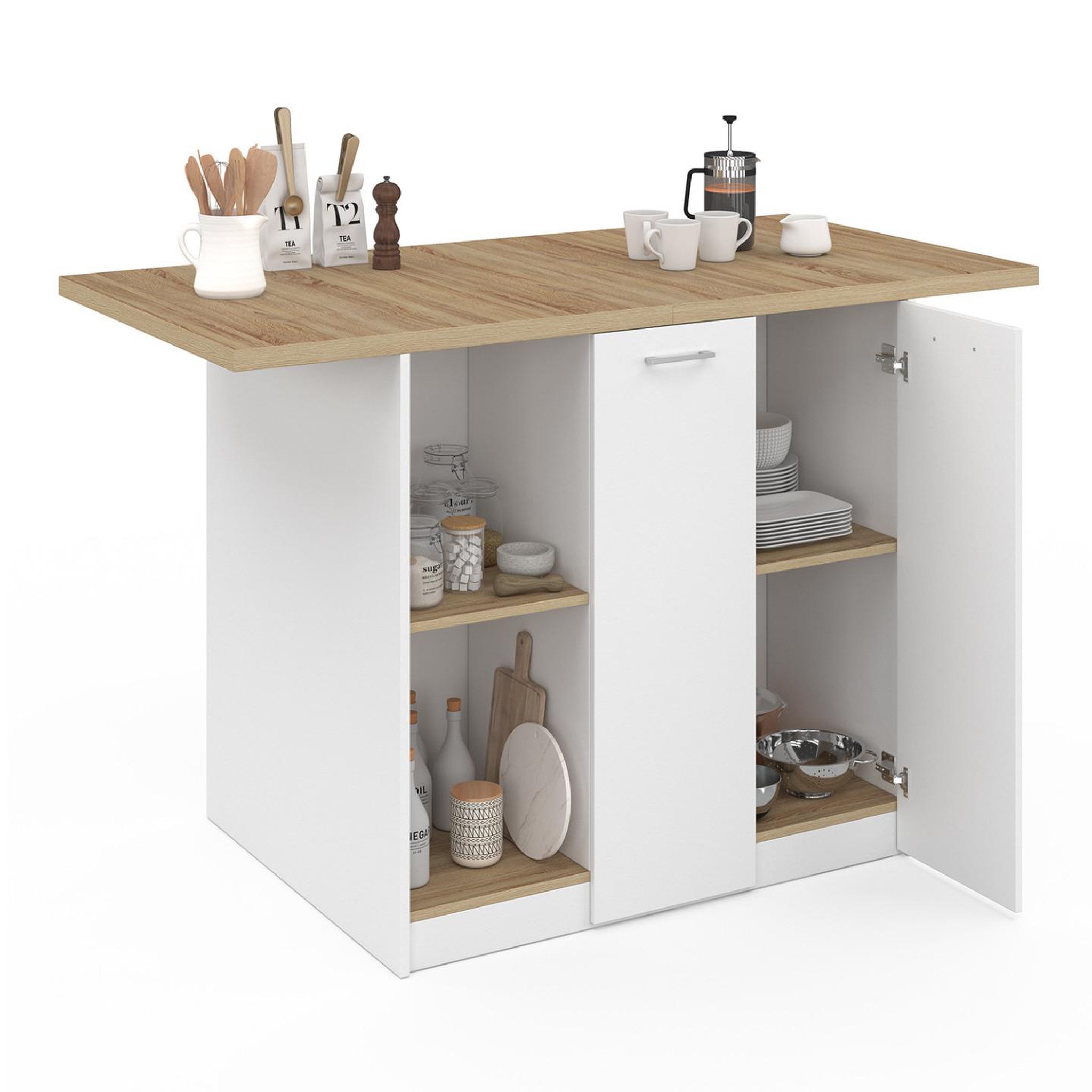 Voir la diapositive 5 : ID MARKET Ilot central bao 140 cm 4 personnes bois blanc avec plan de travail façon hêtre