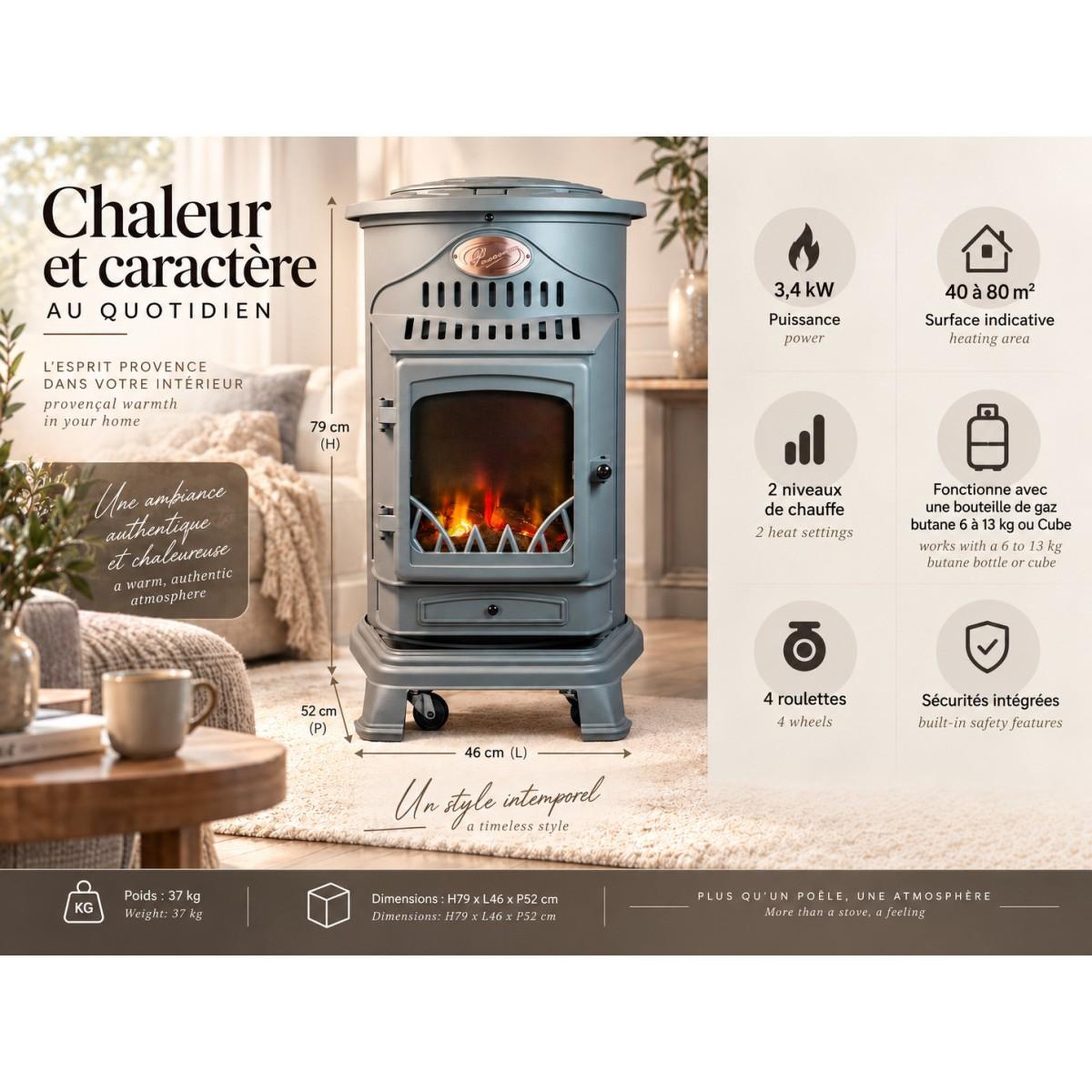 Voir la diapositive 3 : SAHARA Pack de 2 poêles à gaz Provence gris 3,4 kW en Fonte Effet feu de bois Chauffage d'appoint sur roulettes Sahara