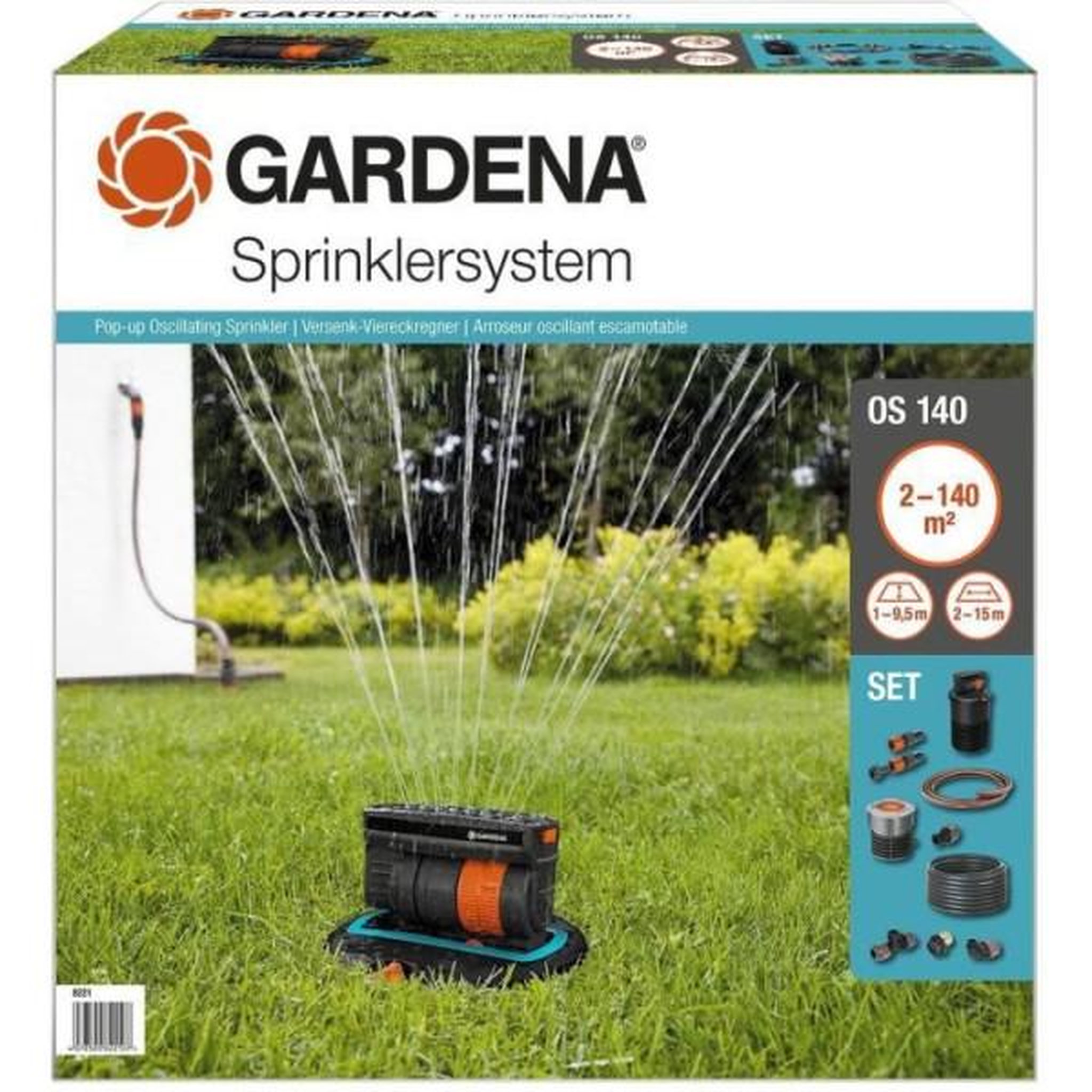 Voir la diapositive 4 : Gardena Arroseur Kit arroseur oscillant escamotable OS140 - GARDENA - Surface 140m² - Portée 15m max - Arrosage rectangulaire
