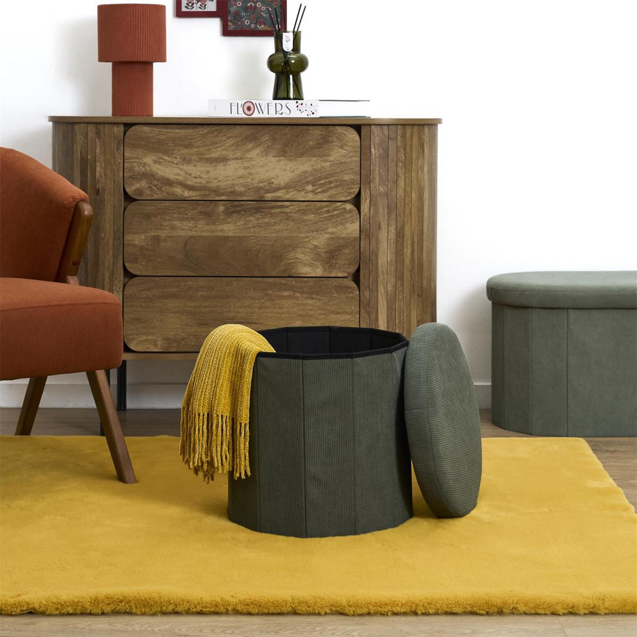 Voir la diapositive 6 : The Home Deco Factory Pouf coffre pliable côtelé  jules  38cm vert