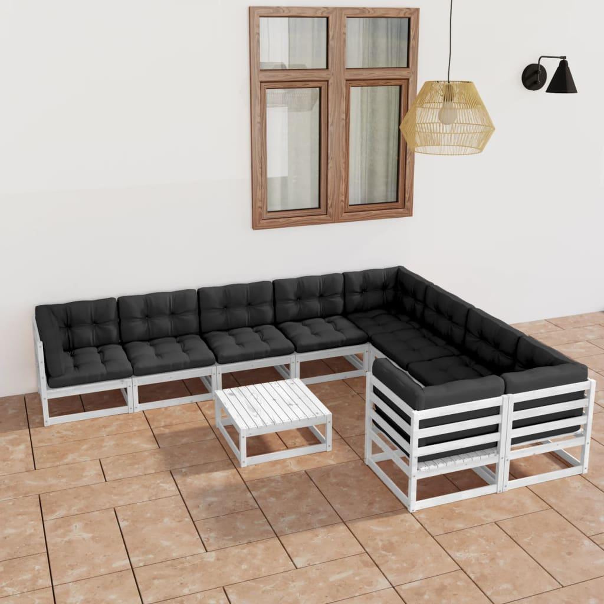 Voir la diapositive 1 : VIDAXL Salon de jardin 10 pcs avec coussins Blanc Bois de pin massif