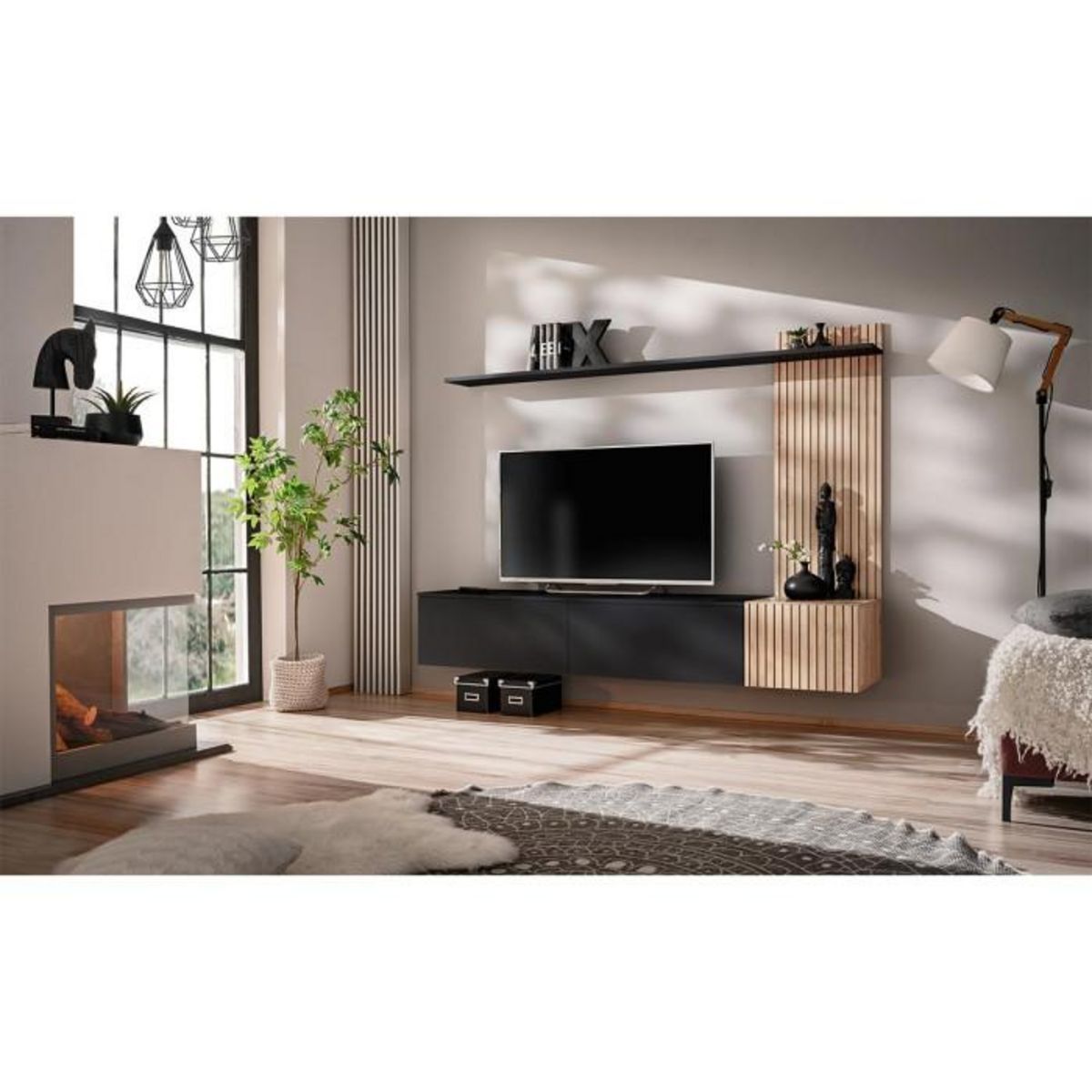 Paris Prix Ensemble Meuble TV à Rayures  Solo  180cm Noir & Naturel