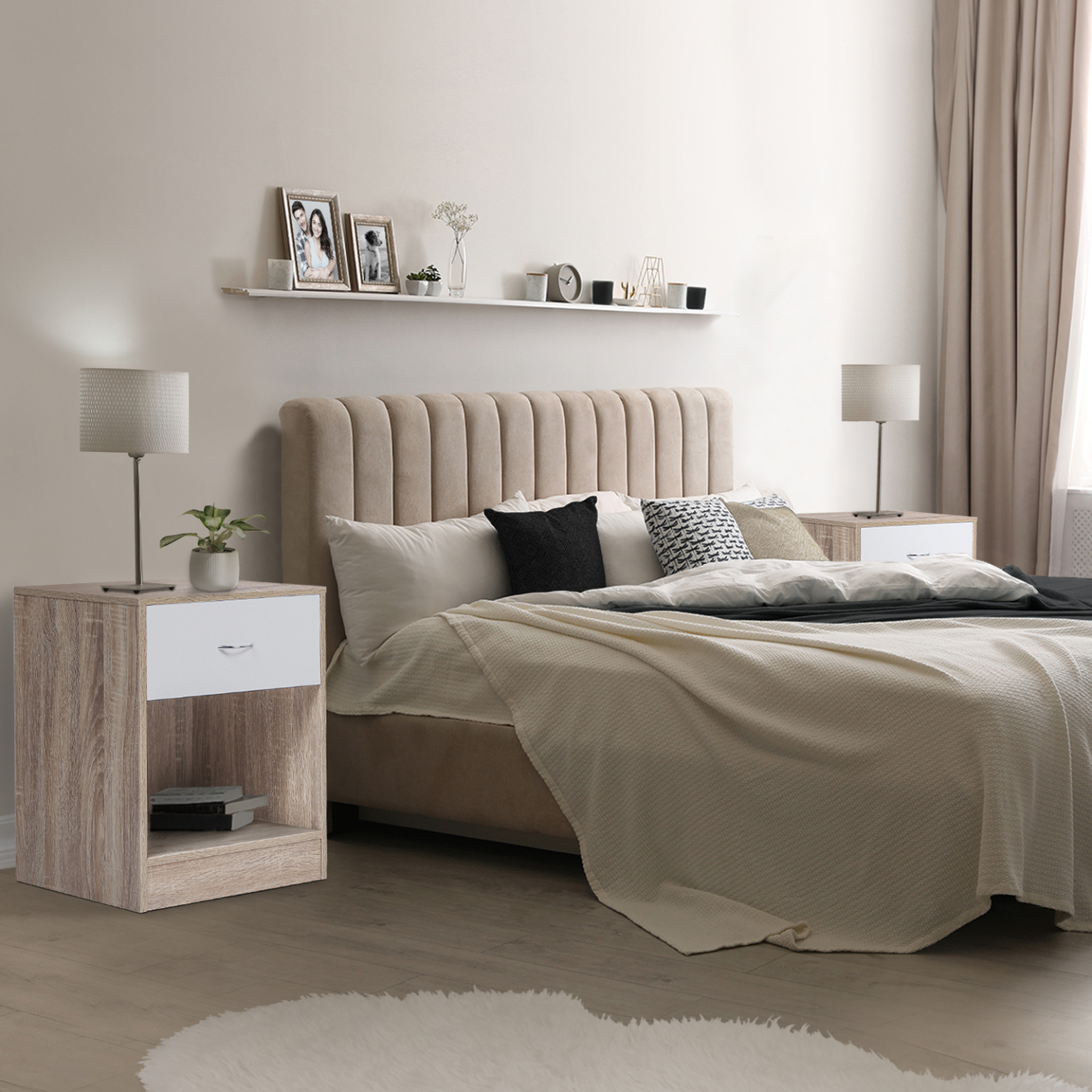 Voir la diapositive 6 : ID MARKET Lot de 2 tables de chevet olga 1 tiroir avec niche bois façon hêtre et tiroir blanc