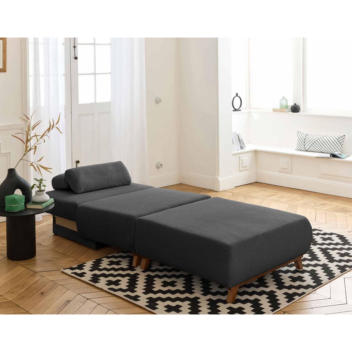 BEST MOBILIER Cristal - fauteuil - convertible avec coffre et grand pouf - en velours côtelé