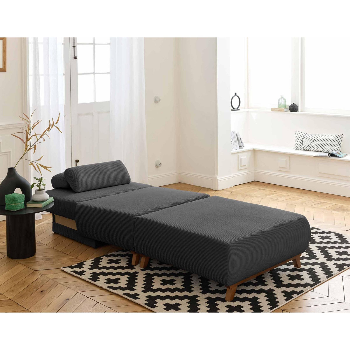 BEST MOBILIER Cristal - fauteuil - convertible avec coffre et grand pouf - en velours côtelé