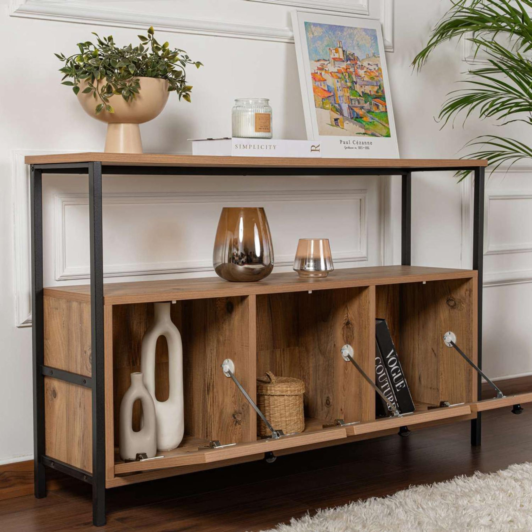 Voir la diapositive 4 : CONCEPT USINE Console avec rangements bois et métal noir 120x77cm solis