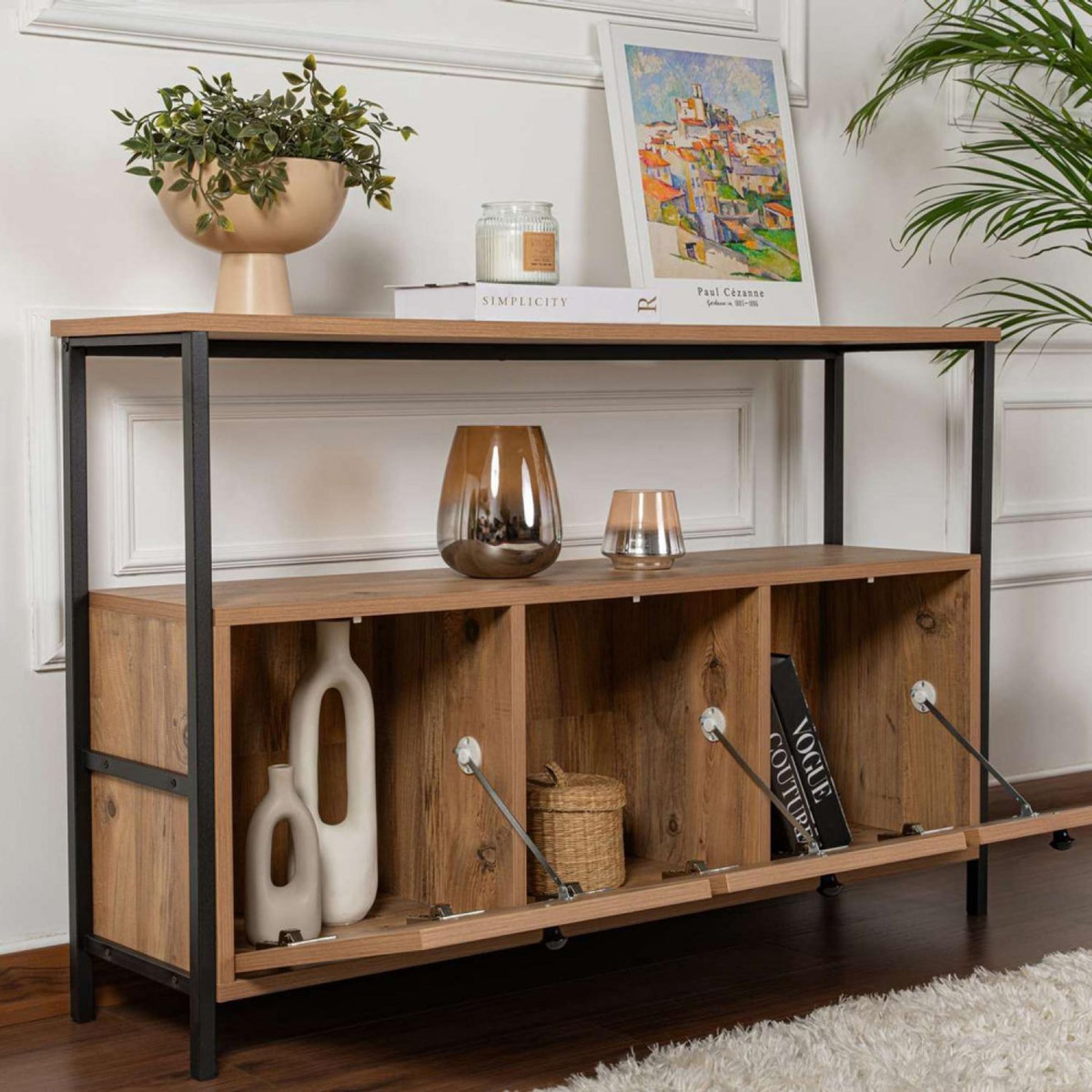 CONCEPT USINE Console avec rangements bois et métal noir 120x77cm SOLIS
