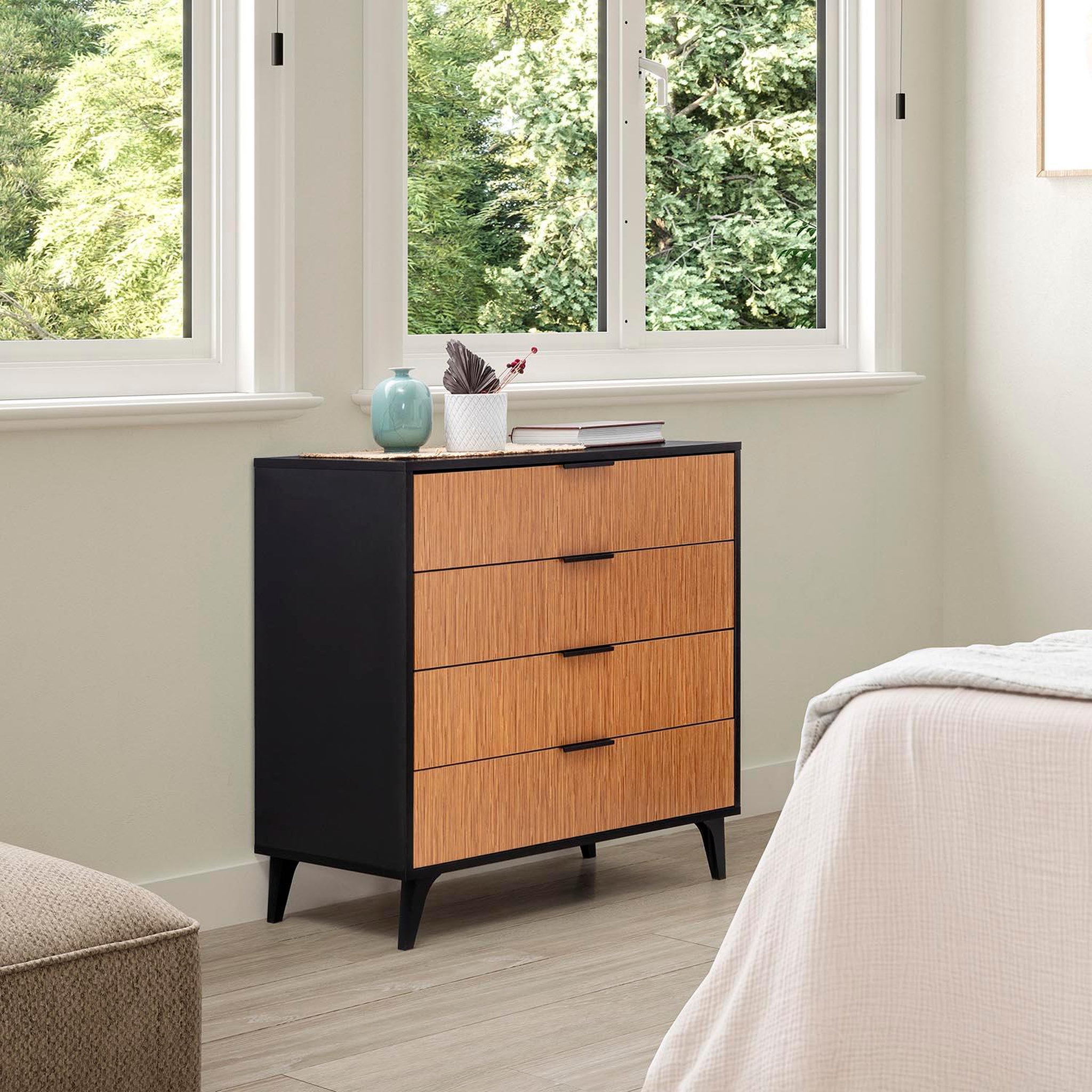 Voir la diapositive 2 : VS VENTA-STOCK Commode de nuit Denis 4 tiroirs couleur Noir/Bois