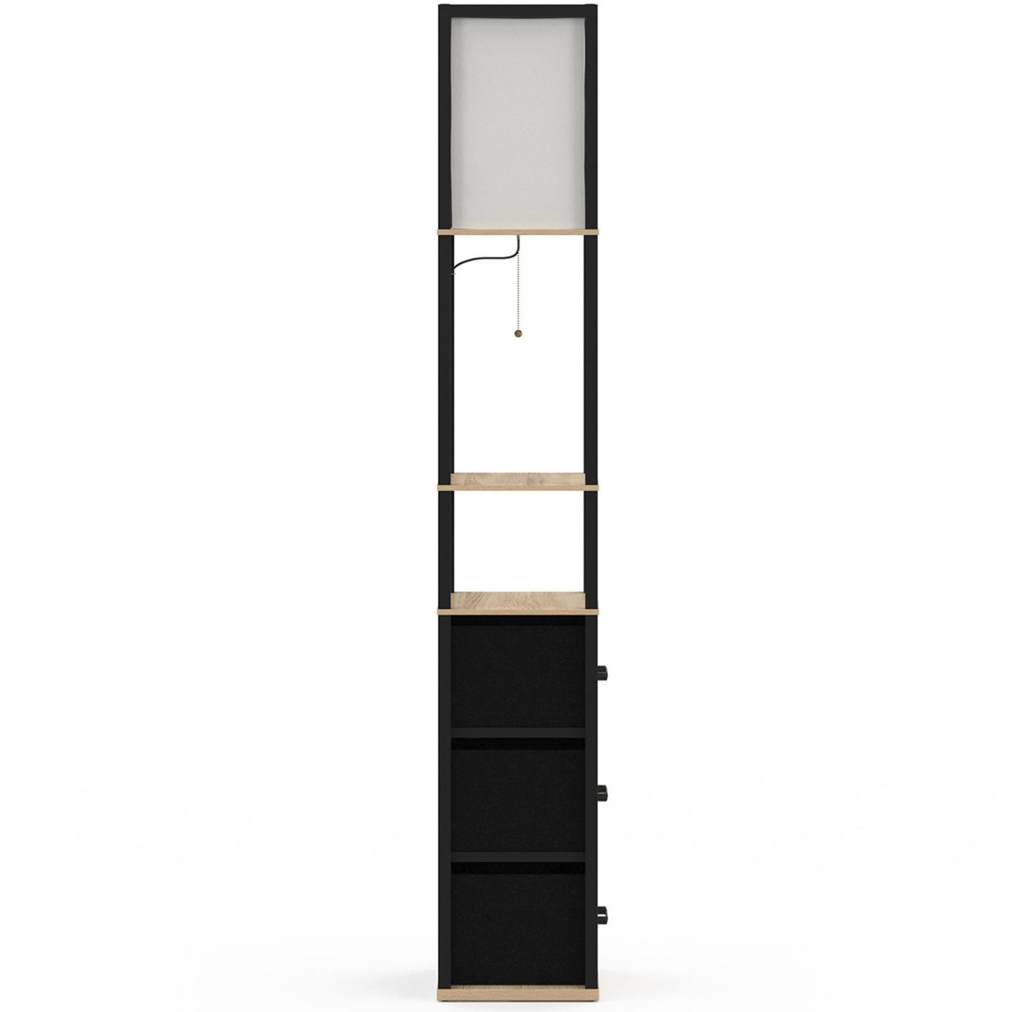 Voir la diapositive 3 : ID MARKET Lampadaire industriel en bois noir avec étagères bois clair 3 tiroirs tissu utah et abat-jour carré blanc