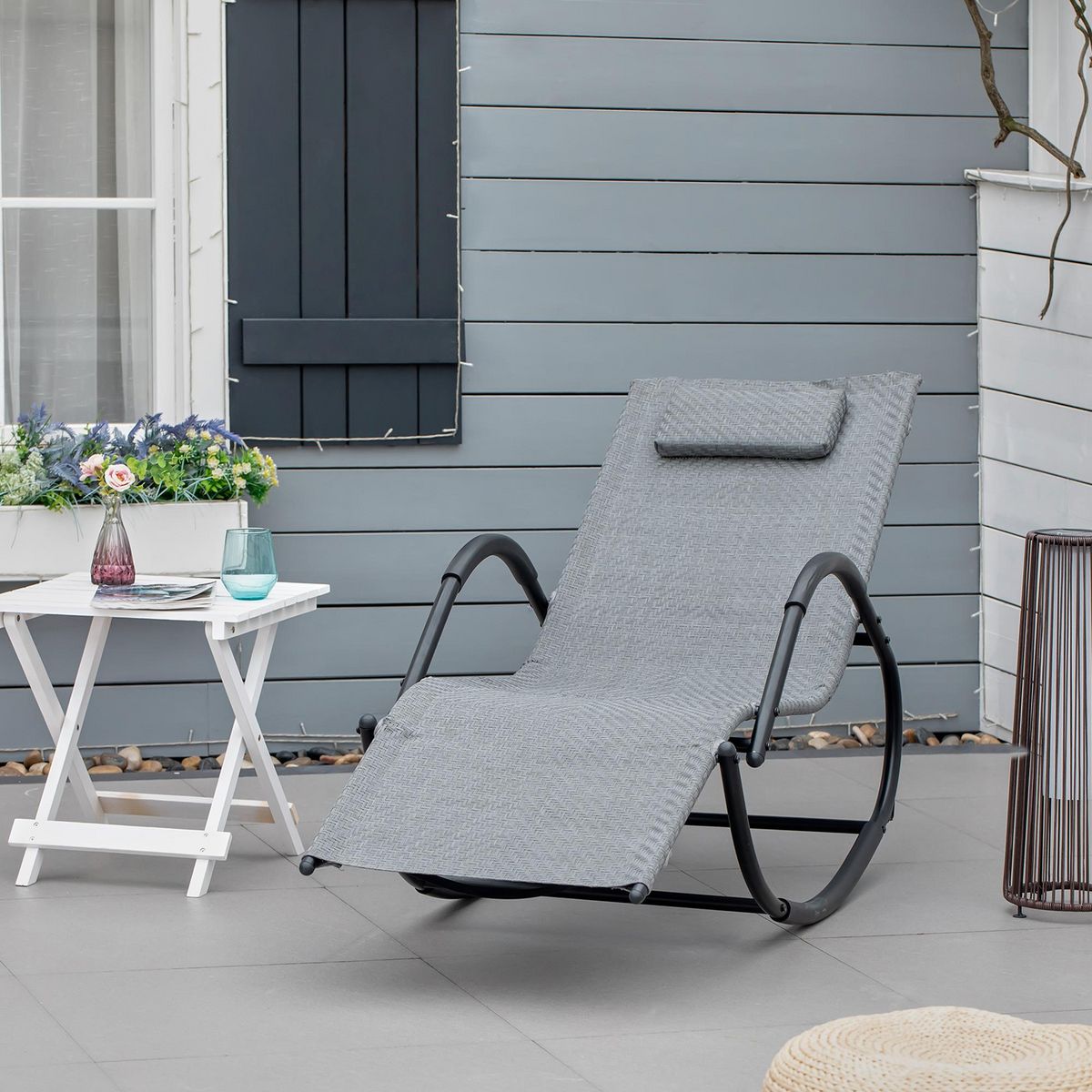 OUTSUNNY Chaise longue à bascule rocking chair design contemporain dim. 160L x 61l x 79H cm métal textilène gris