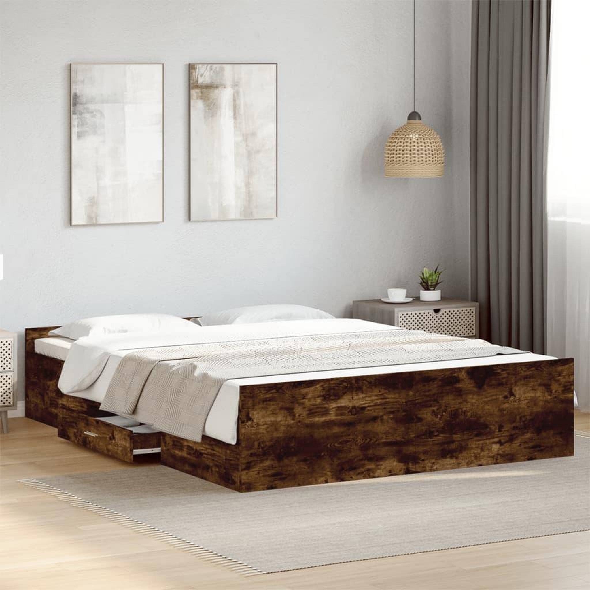 VIDAXL Cadre de lit avec tiroirs sans matelas chene fume 150x200 cm