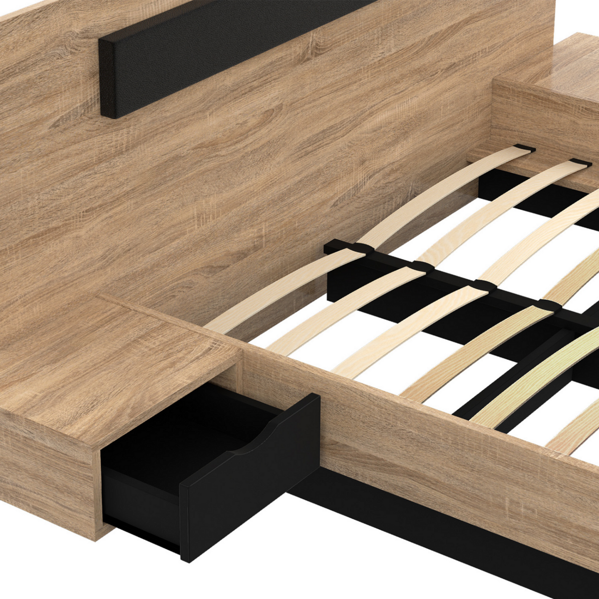 ID MARKET Lit double SANTA avec tête de lit + tables de chevet intégrées et sommier 140 x 190 cm bois et noir