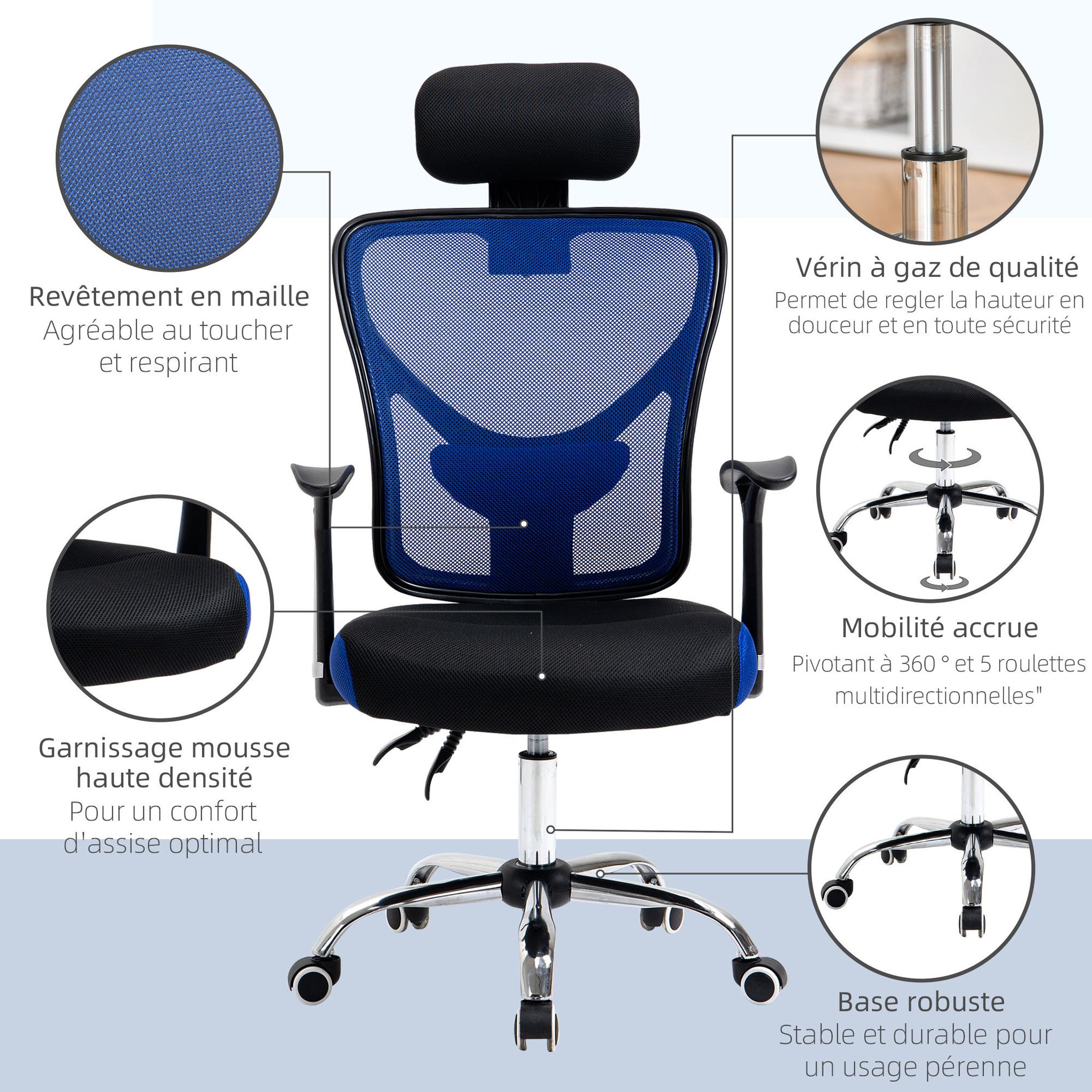 Voir la diapositive 5 : VINSETTO Vinsetto Chaise de bureau manager grand confort réglable dossier inclinable piètement chromé tissu maille polyester bleu noir