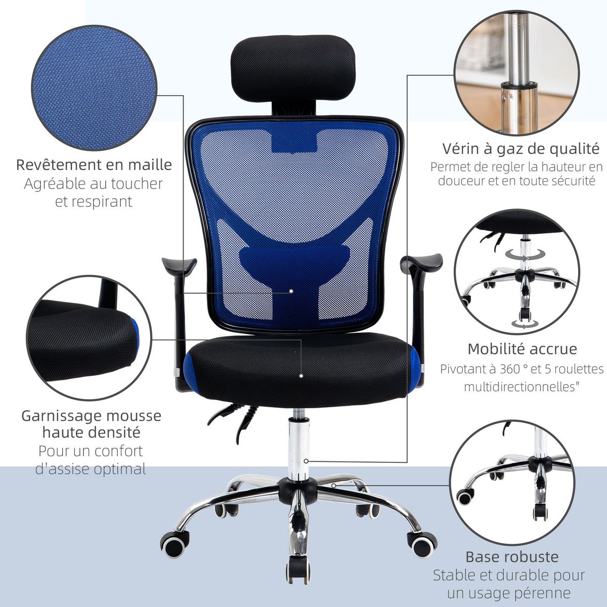 VINSETTO Vinsetto Chaise de bureau manager grand confort réglable dossier inclinable piètement chromé tissu maille polyester bleu noir