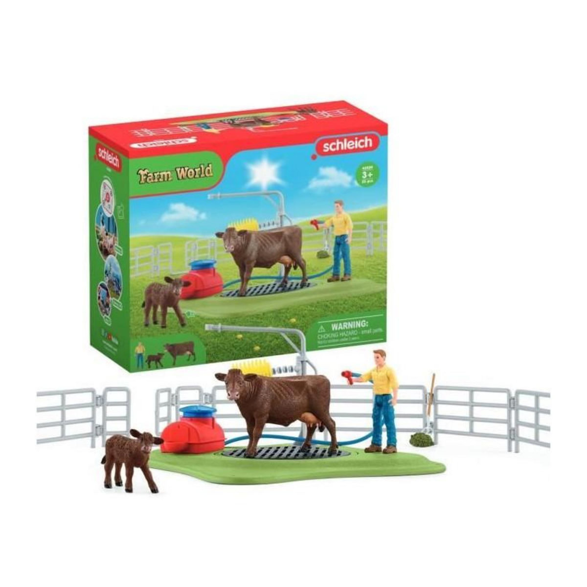 Schleich Station de lavage pour vache, Coffret de jeu avec 1 figurine de vache, 1 veau et 1 figurine humaine - SCHLEICH 42529 FARM WORLD