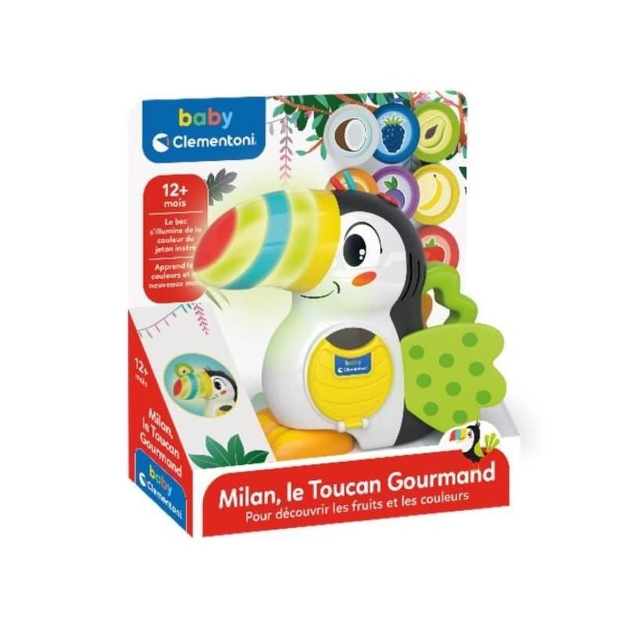 Voir la diapositive 2 : CLEMENTONI Baby Clementoni - Milan, le toucan gourmand - Jeu éducatif avec fonctions éléctroniques - Bec lumineux - Ailes en tissu