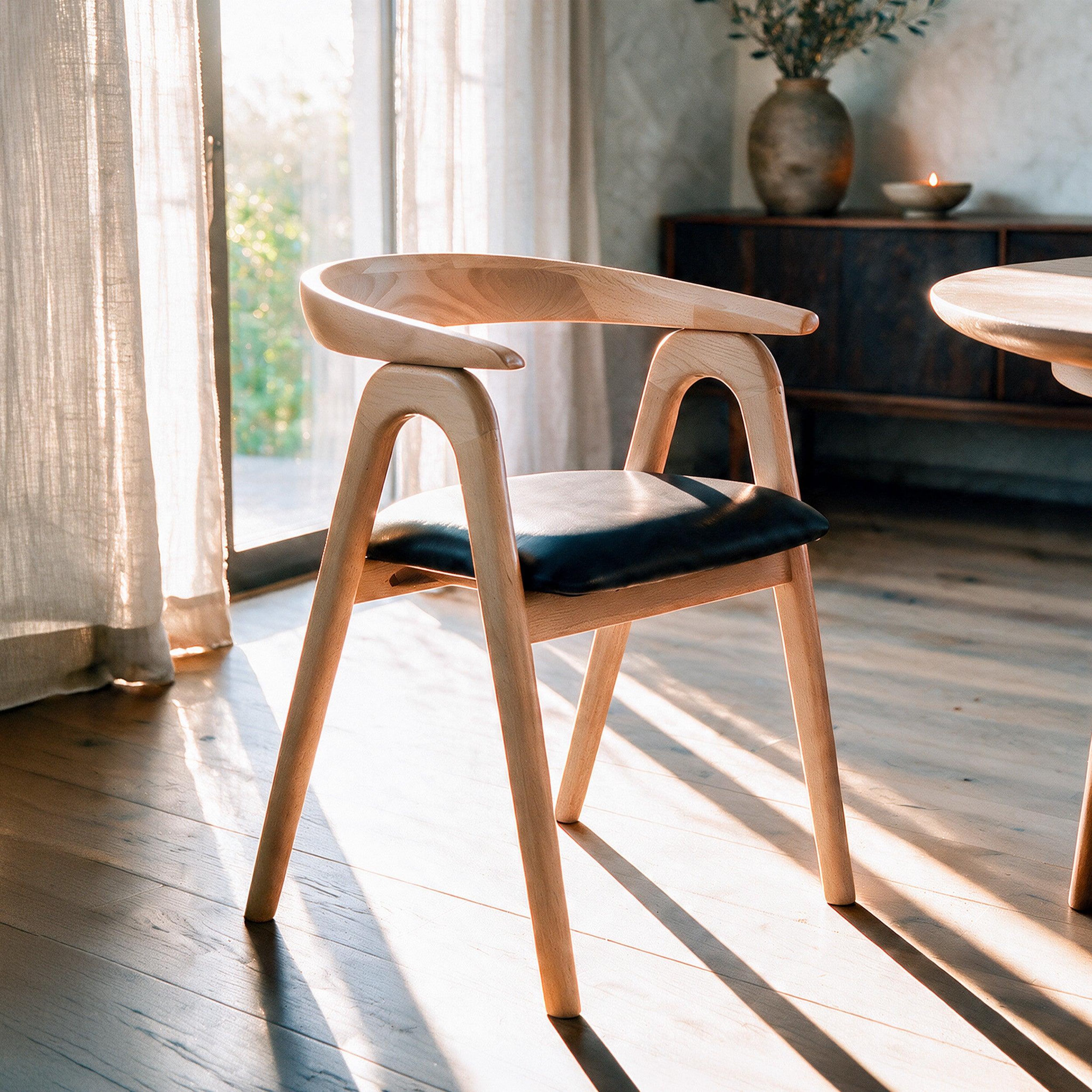 Voir la diapositive 2 : MAISON PAVANE Chaise en bois d'hévéa blond et cuir synthétique noir-hawa