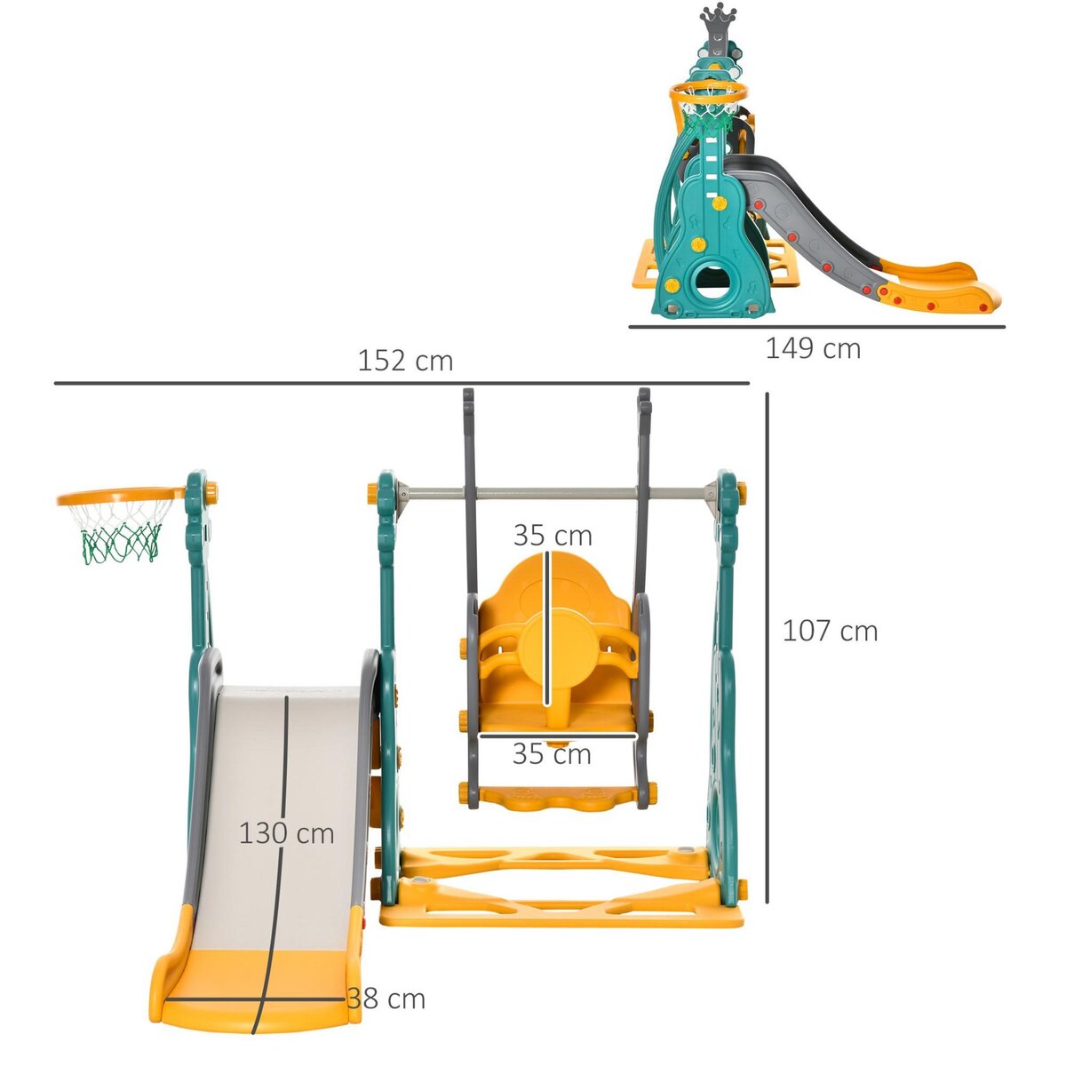 HOMCOM Toboggan et balançoire pour enfants 4 en 1 avec panier de basket, siège réglable, 152x149x107cm, bleu et jaune