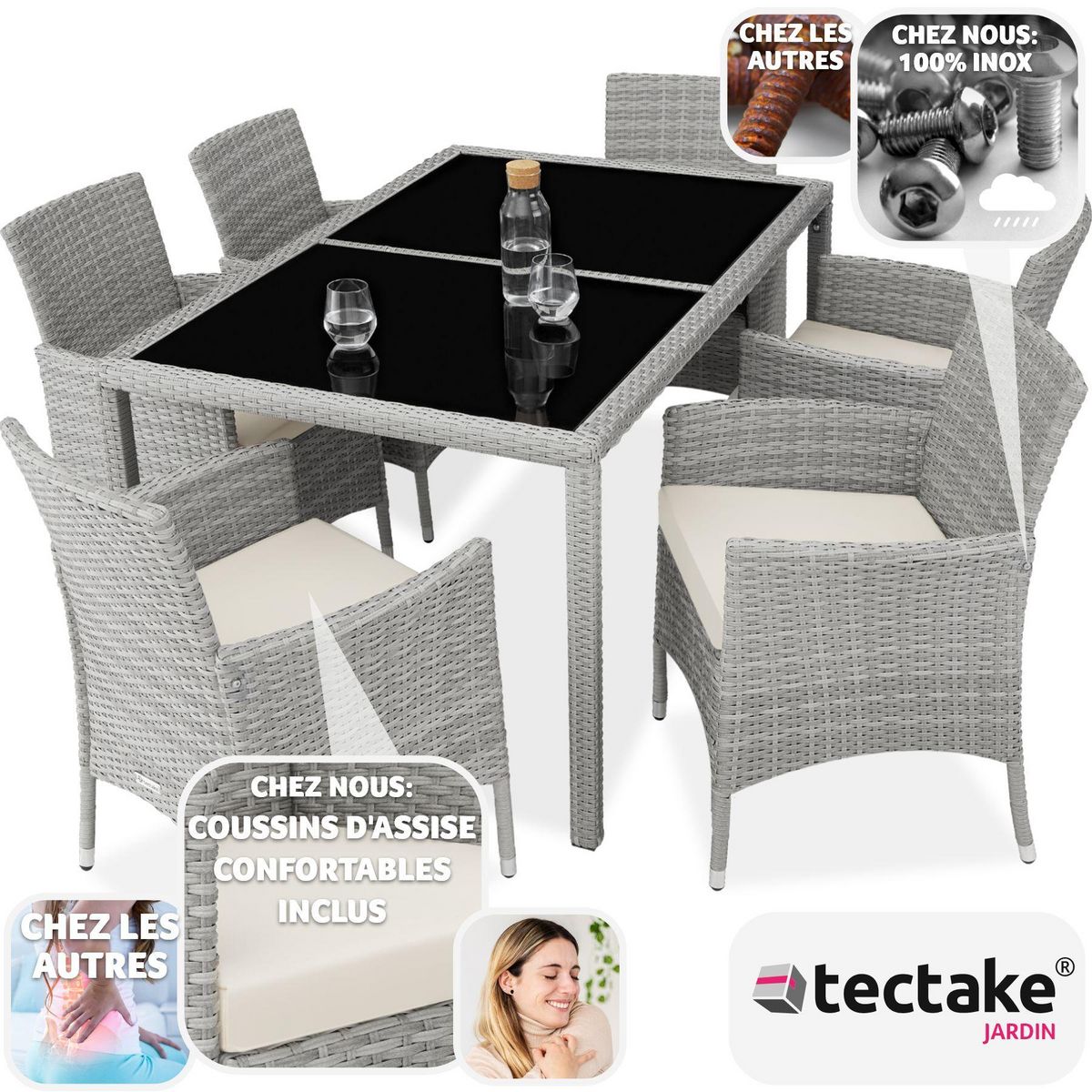 tectake Salon de jardin pour 6 personnes gris clair/crème