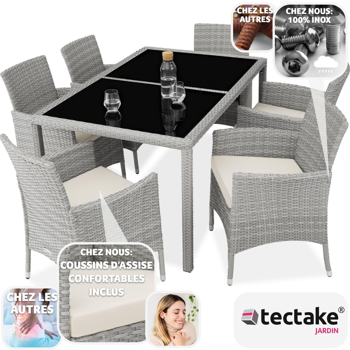 tectake Salon de jardin pour 6 personnes gris clair/crème