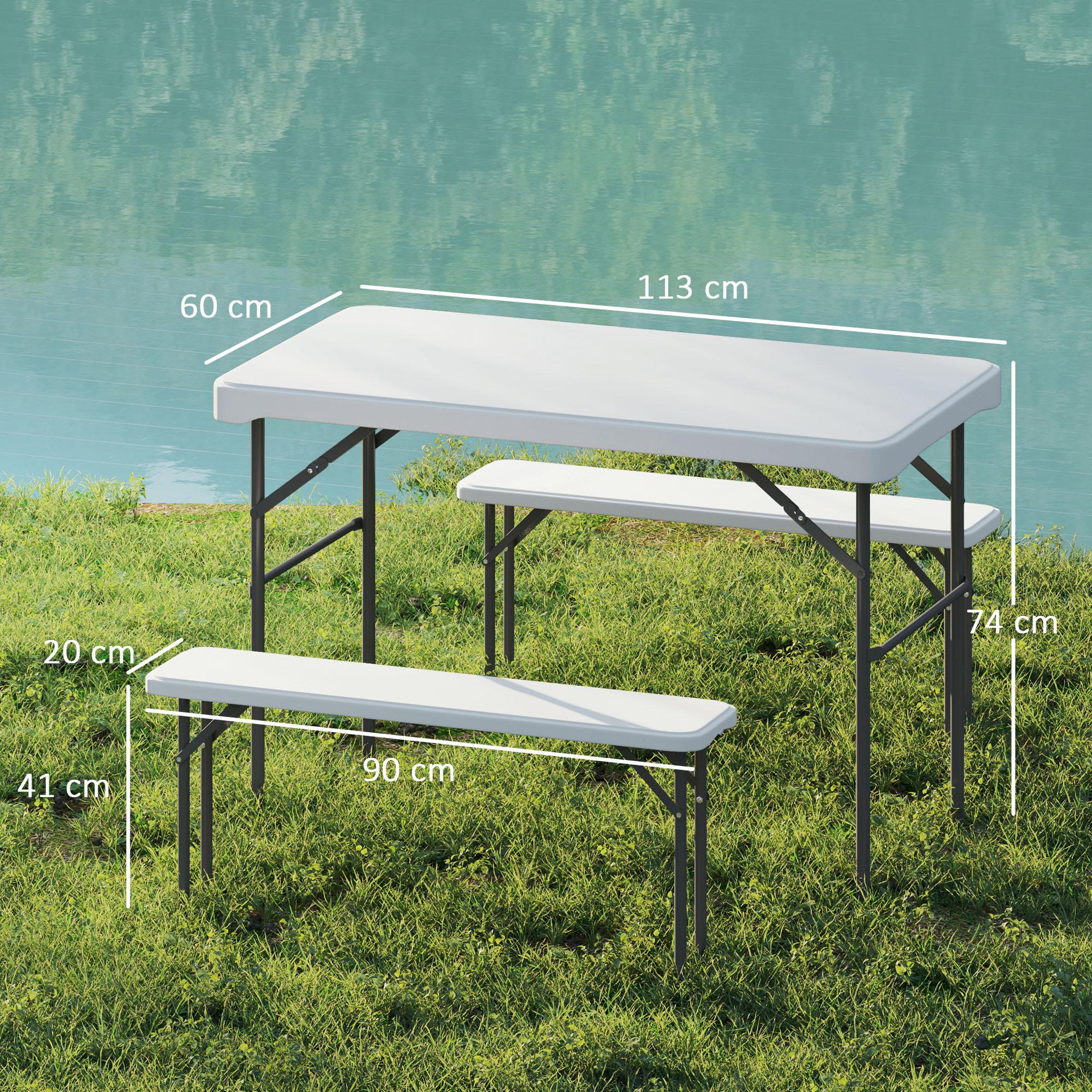 Voir la diapositive 3 : OUTSUNNY Ensemble table 2 bancs pliables avec poignées - usage pique-nique camping - métal époxy hdpe gris clair