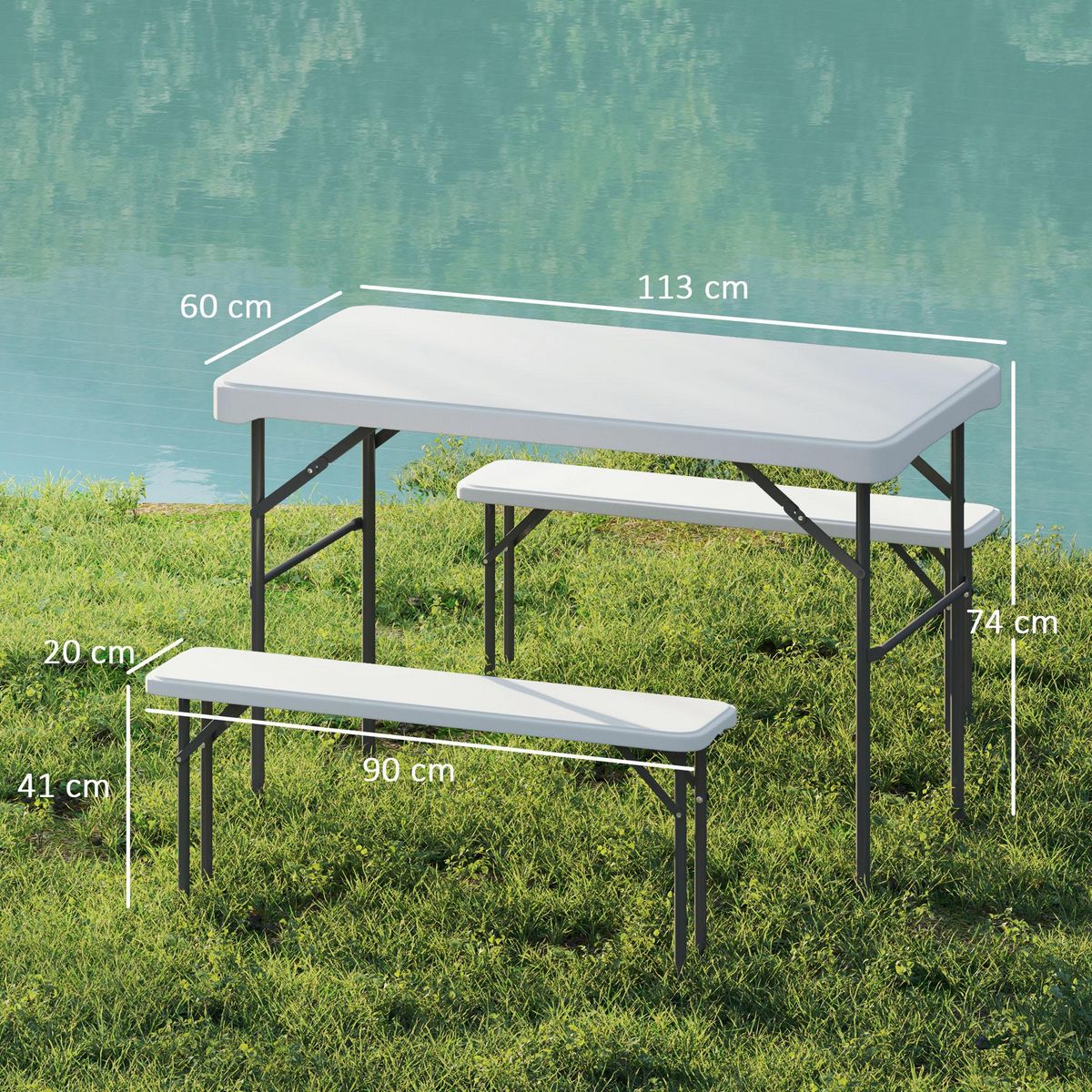 OUTSUNNY Ensemble table 2 bancs pliables avec poignées - usage pique-nique camping - métal époxy HDPE gris clair