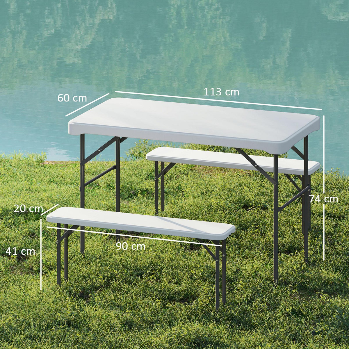 OUTSUNNY Ensemble table 2 bancs pliables avec poignées - usage pique-nique camping - métal époxy HDPE gris clair